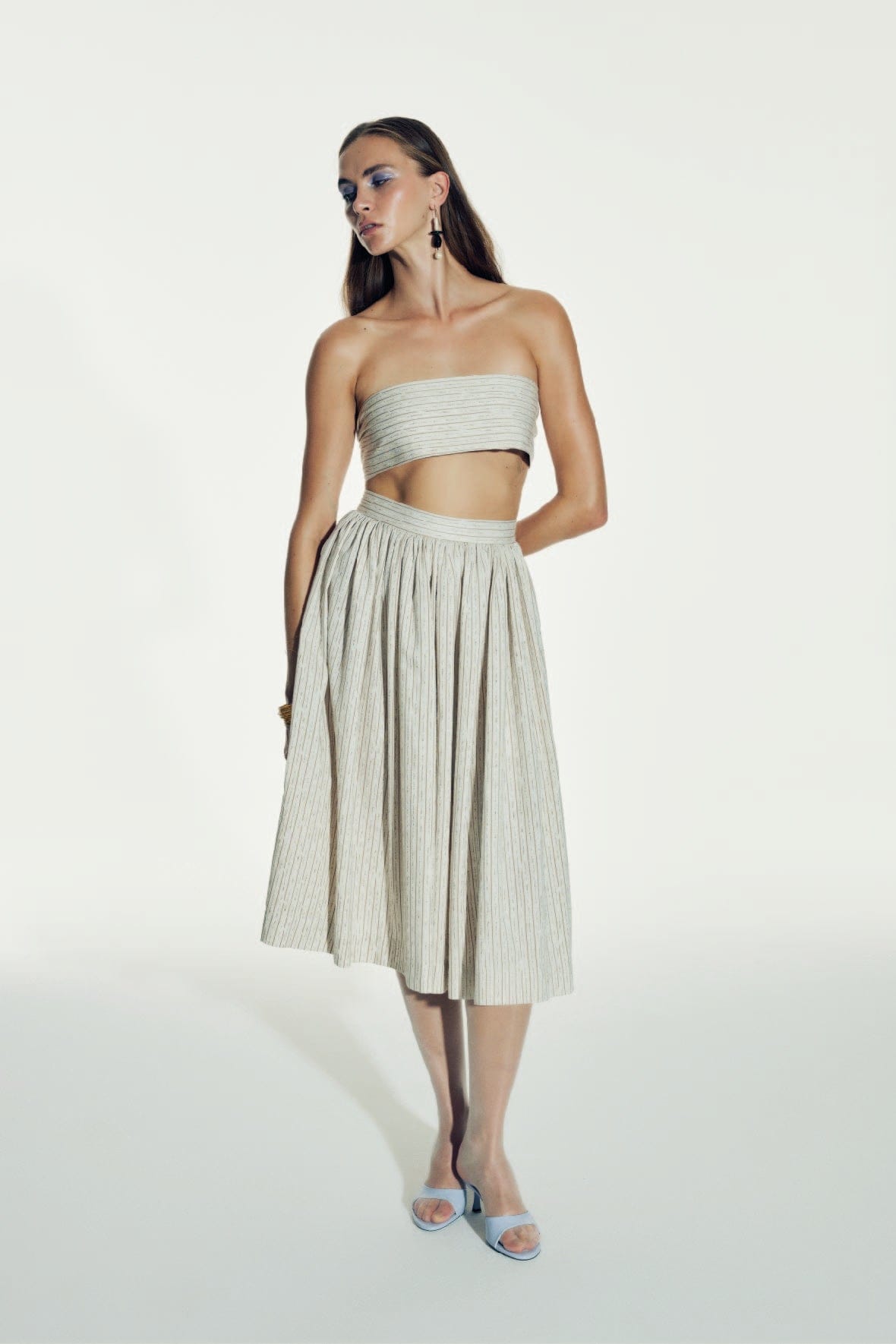Lou Lou Striped Linen Midi Skirt in Walnut made by Nazli Ceren