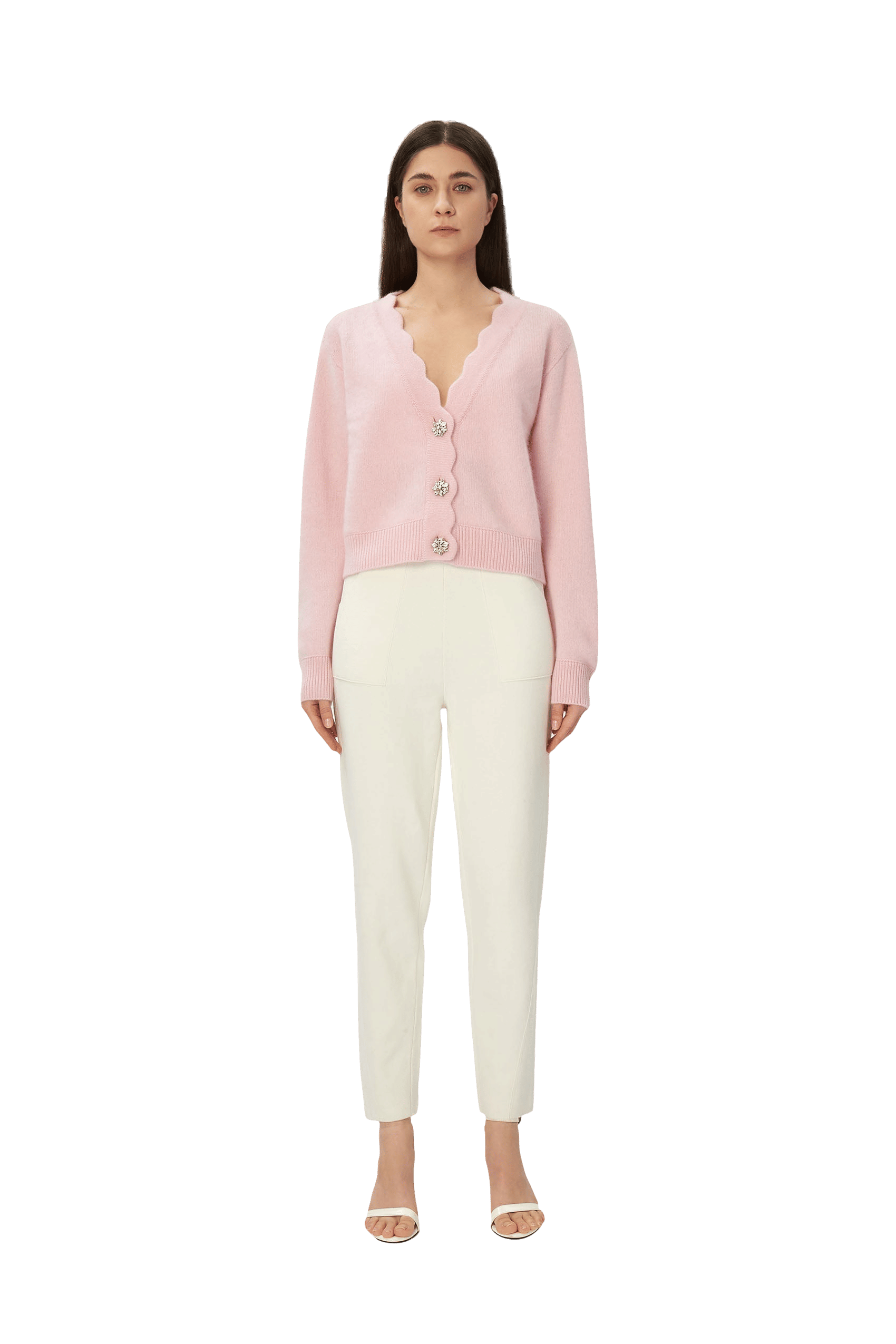 SCALLOPED FLUFFY HAND BRUSHED CASHMERE CARDIGAN in Pink made by CRUSH Collection