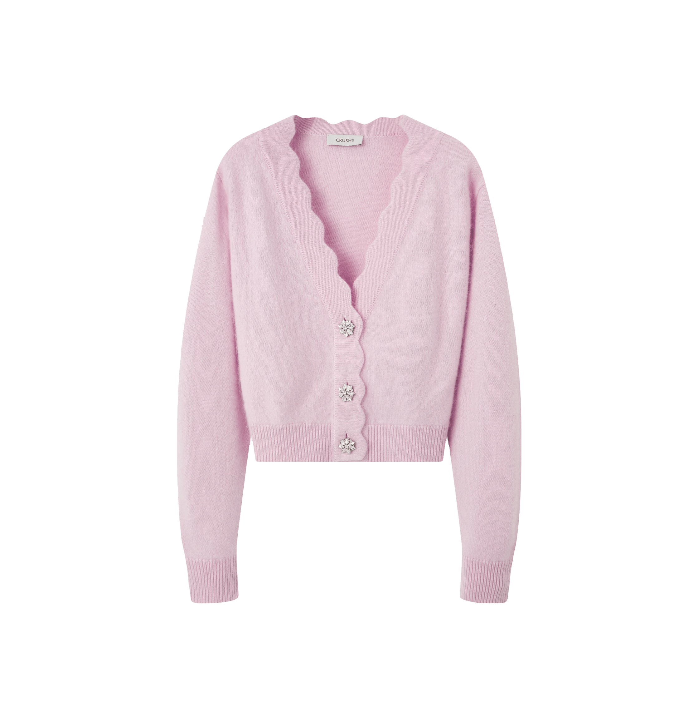 SCALLOPED FLUFFY HAND BRUSHED CASHMERE CARDIGAN in Pink made by CRUSH Collection