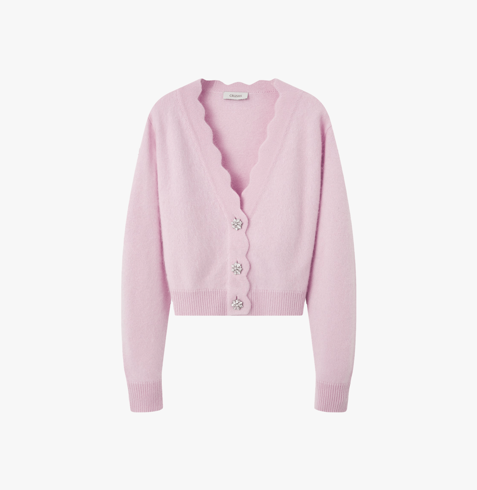 SCALLOPED FLUFFY HAND BRUSHED CASHMERE CARDIGAN in Pink made by CRUSH Collection