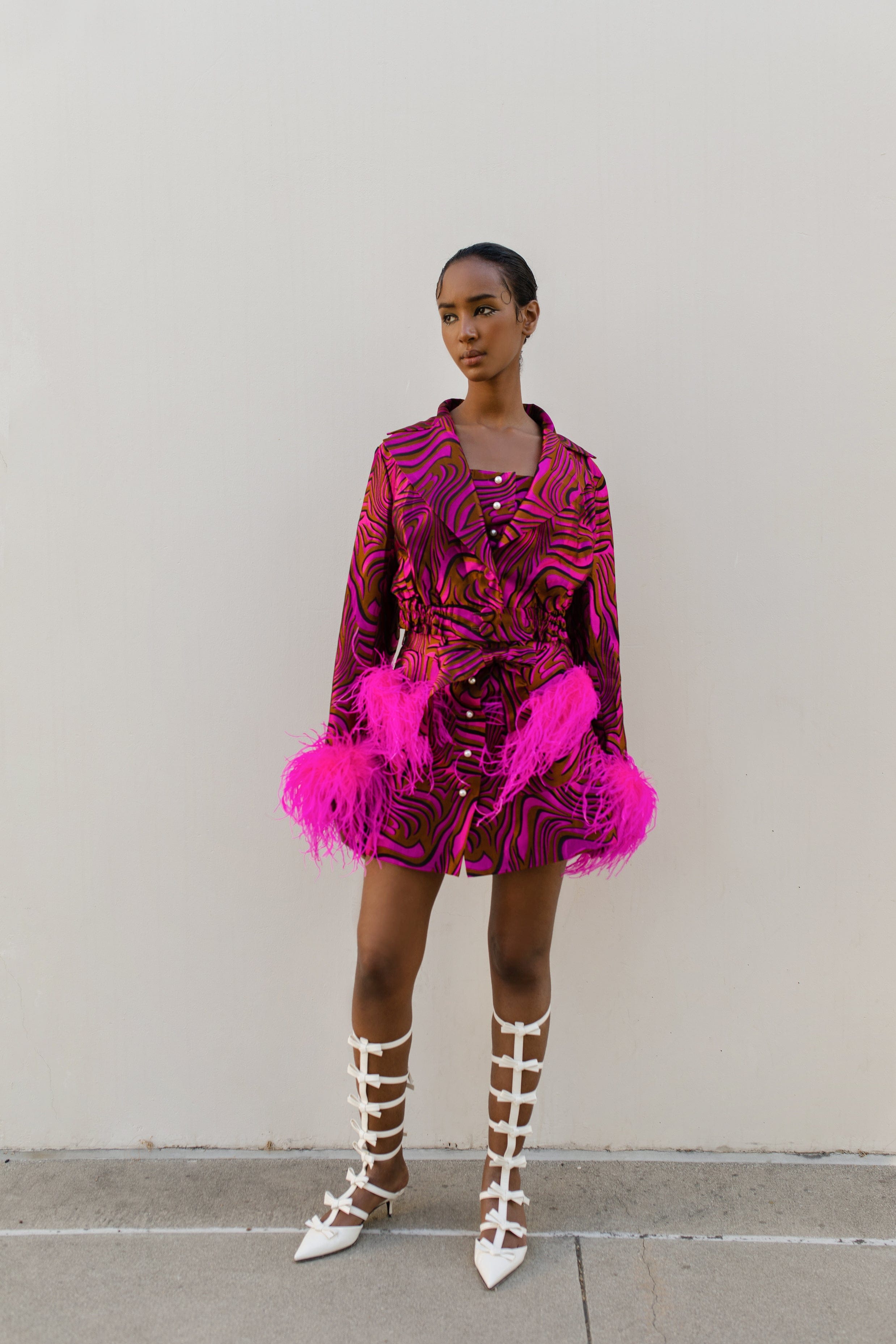 Raspberry Marilyn Jacket With Feathers made by ANDREEVA