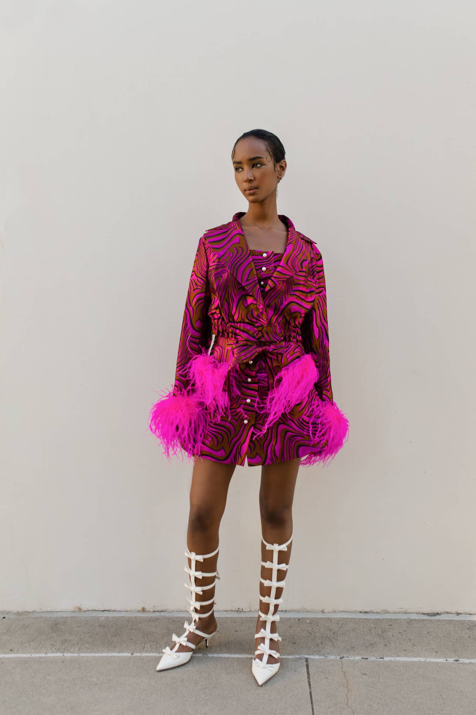 Raspberry Marilyn Jacket With Feathers made by ANDREEVA