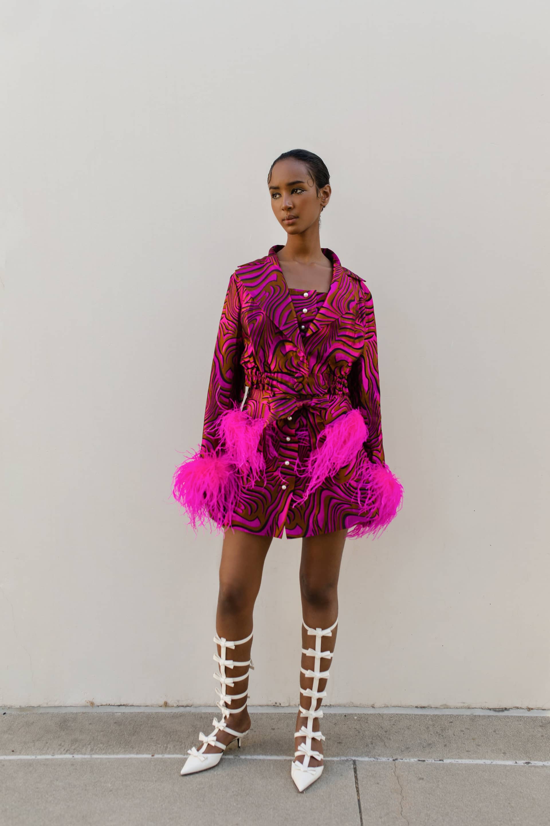 Raspberry Marilyn Jacket With Feathers made by ANDREEVA