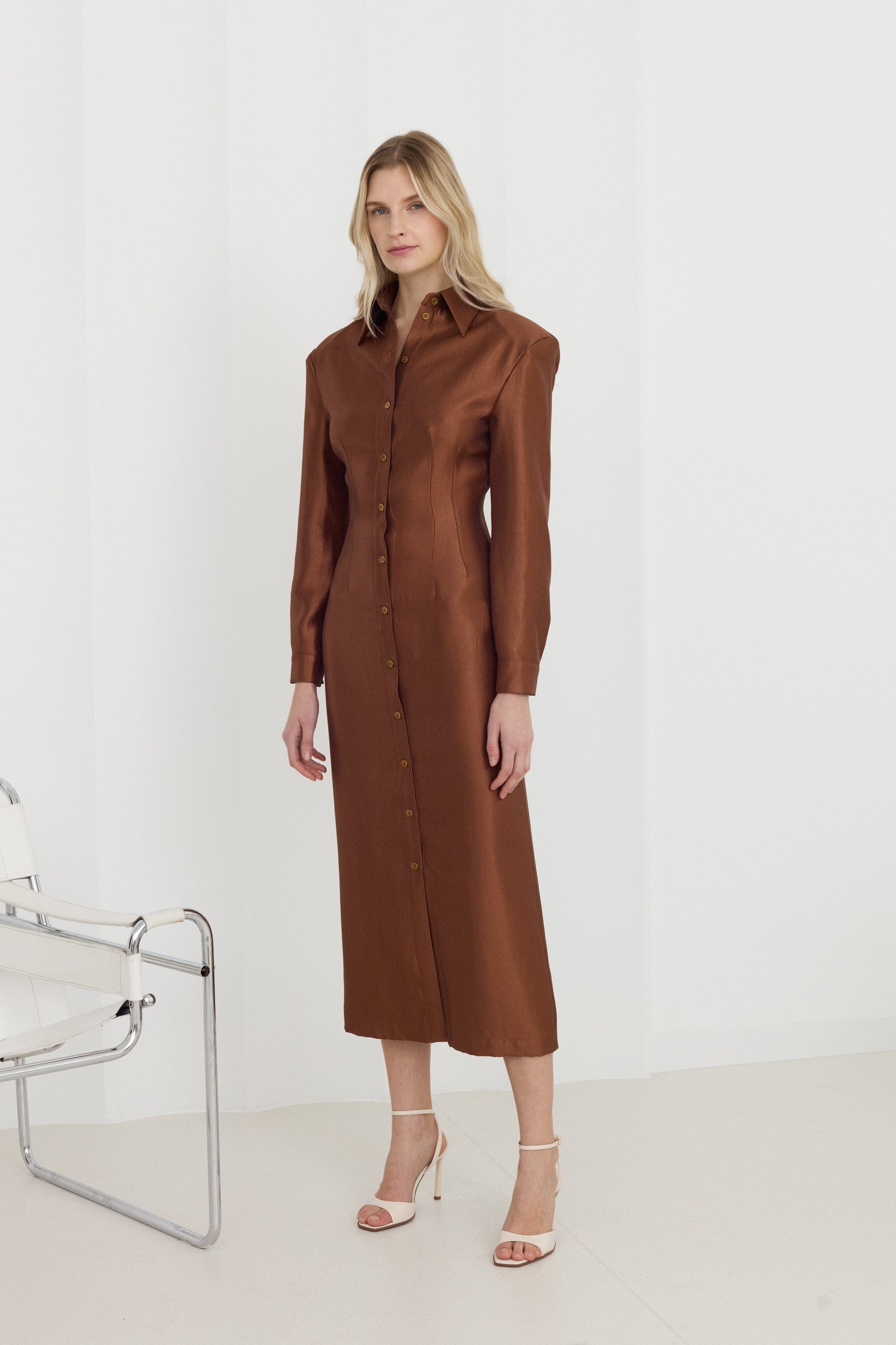 EDITH Brown Fitted Midi Shirt Dress made by UNDRESS