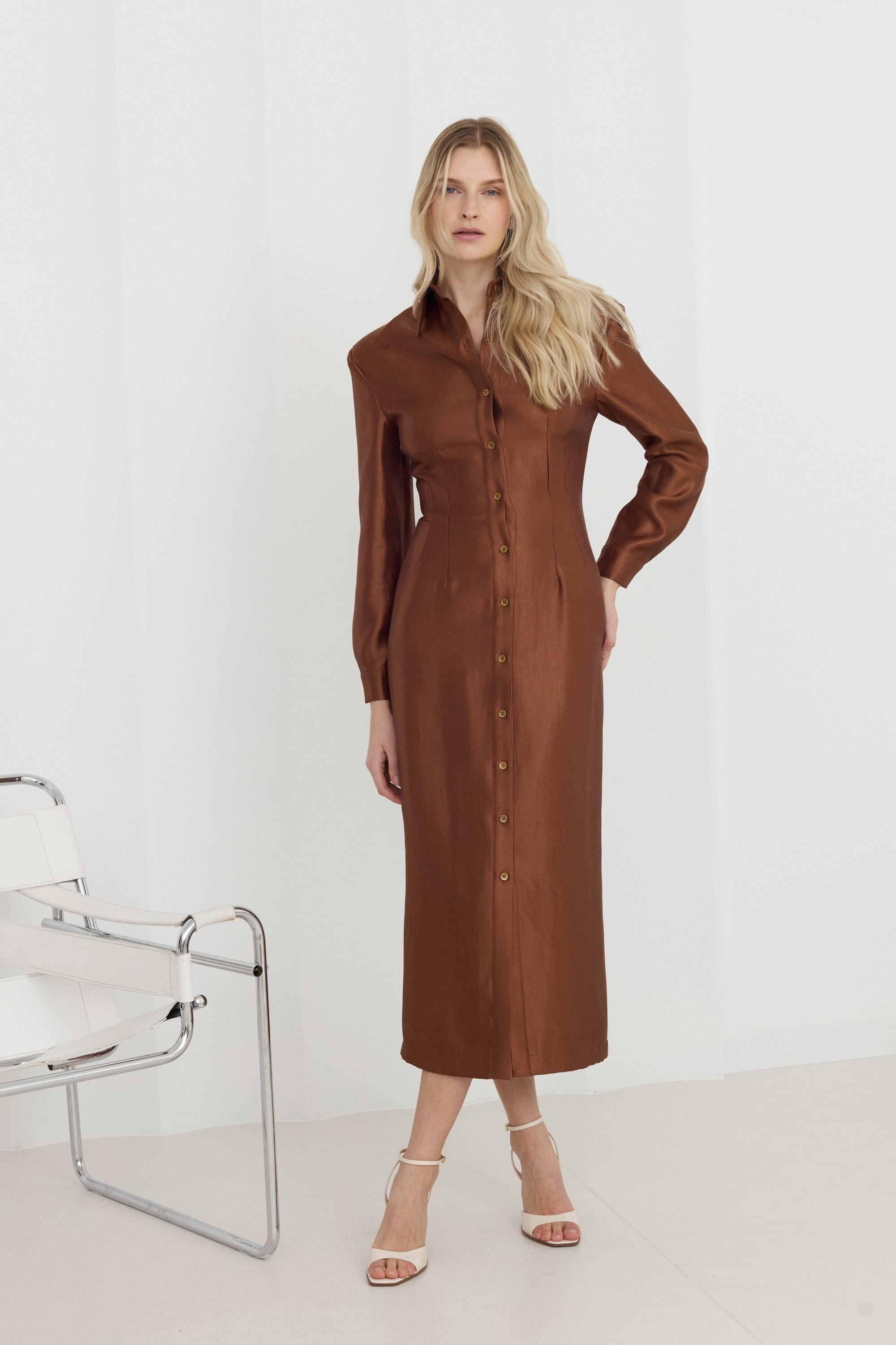 EDITH Brown Fitted Midi Shirt Dress made by UNDRESS