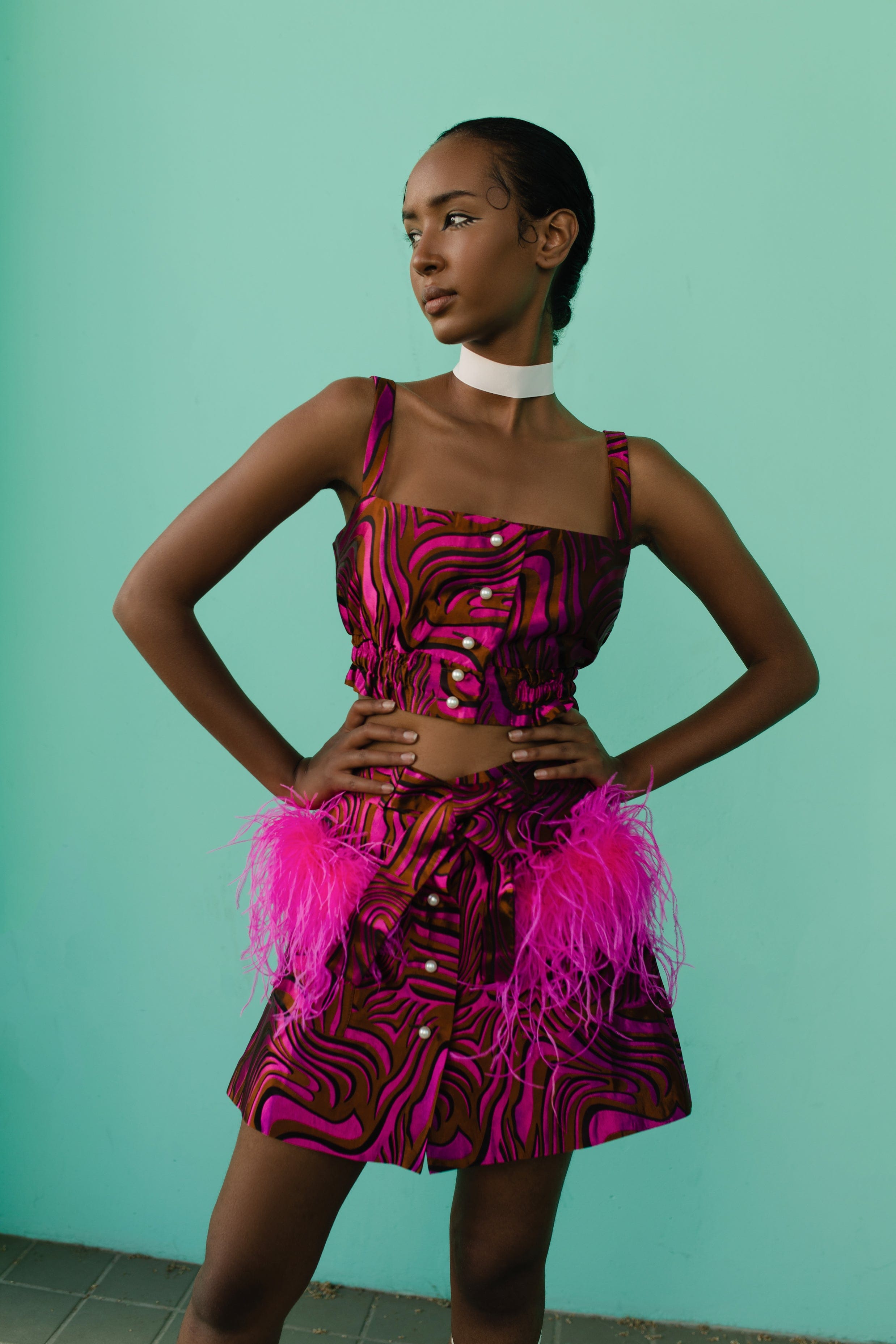 Raspberry Printed Mini Skirt With Feathers made by ANDREEVA