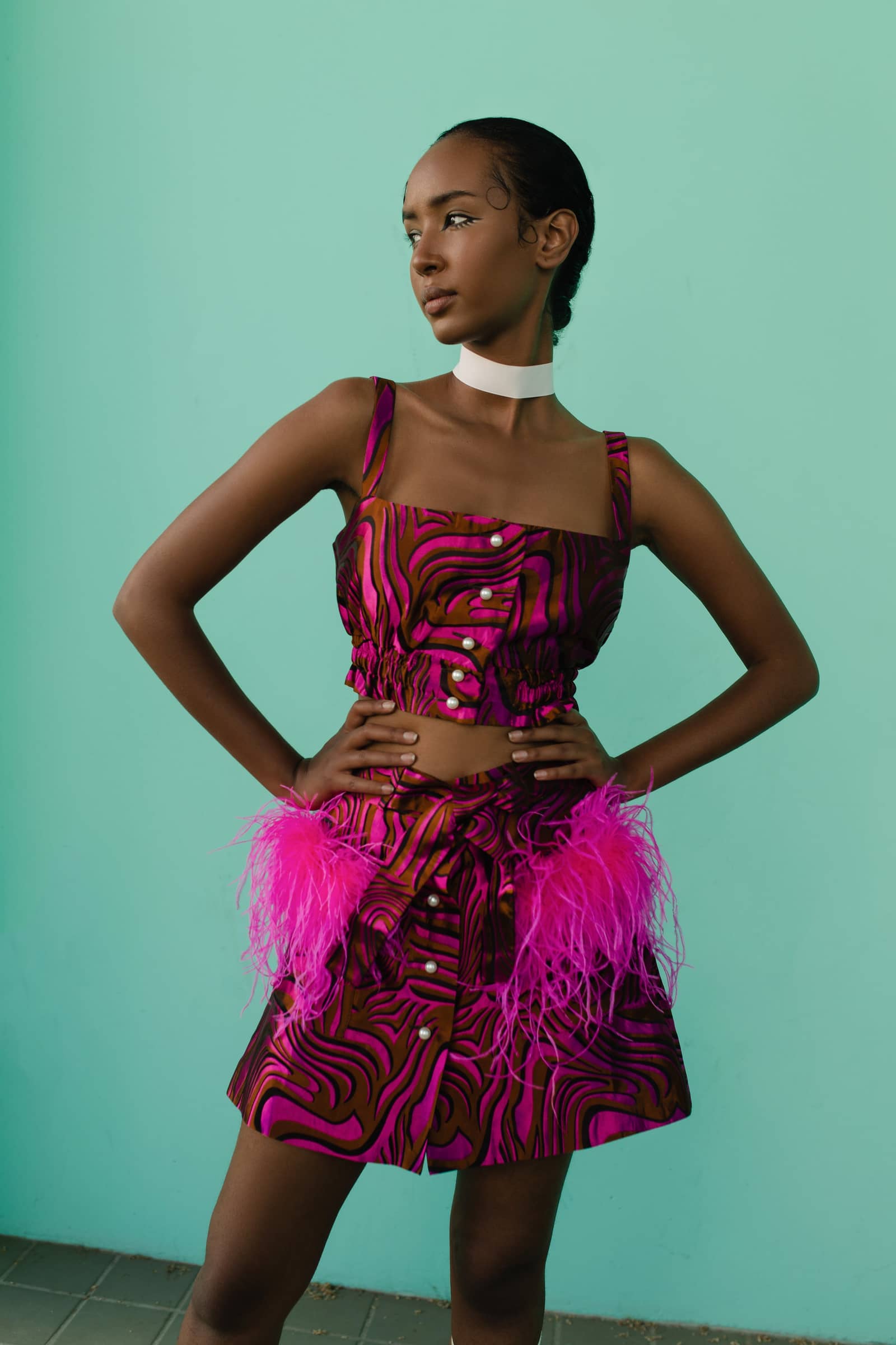 Raspberry Printed Mini Skirt With Feathers made by ANDREEVA