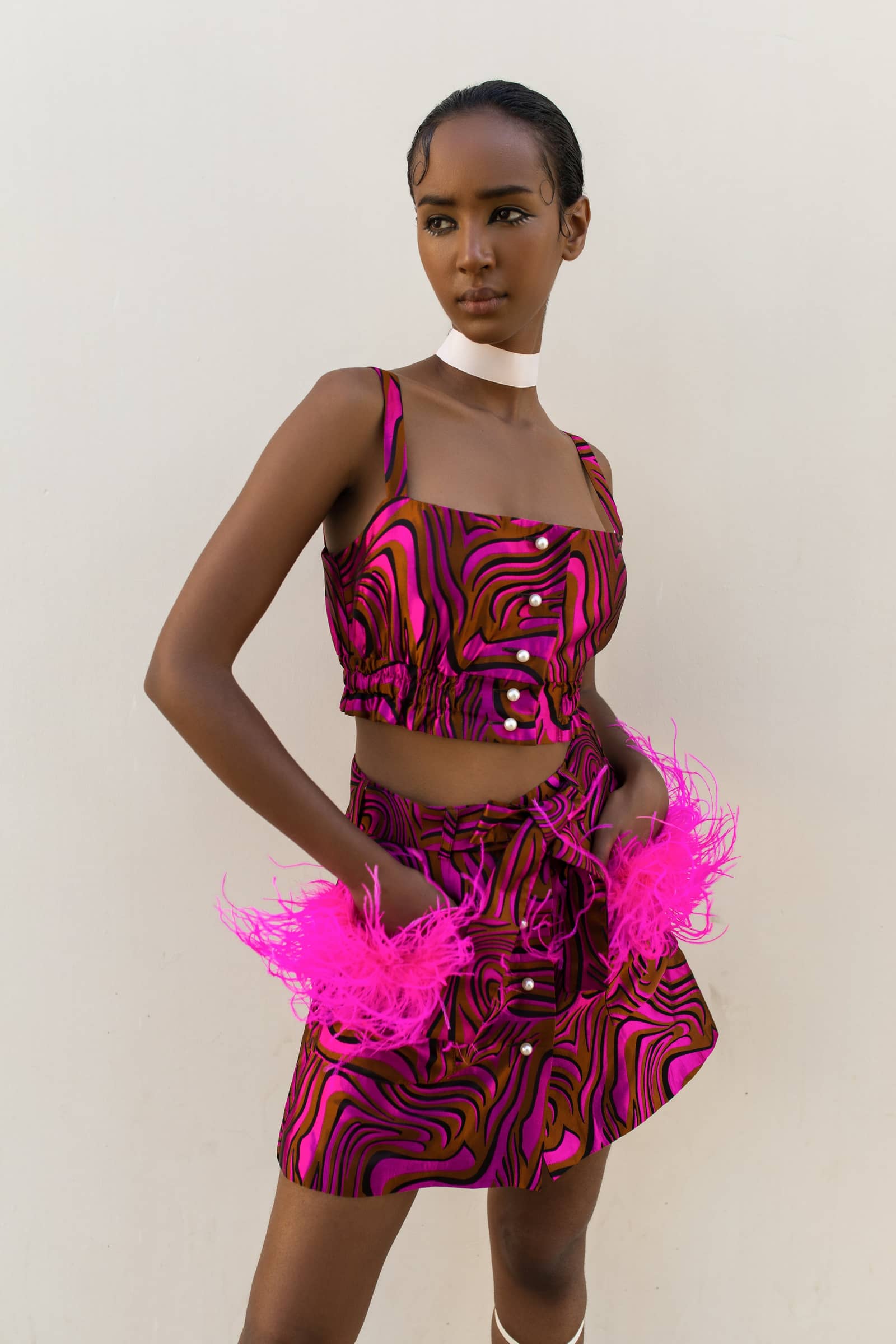 Raspberry Printed Mini Skirt With Feathers made by ANDREEVA