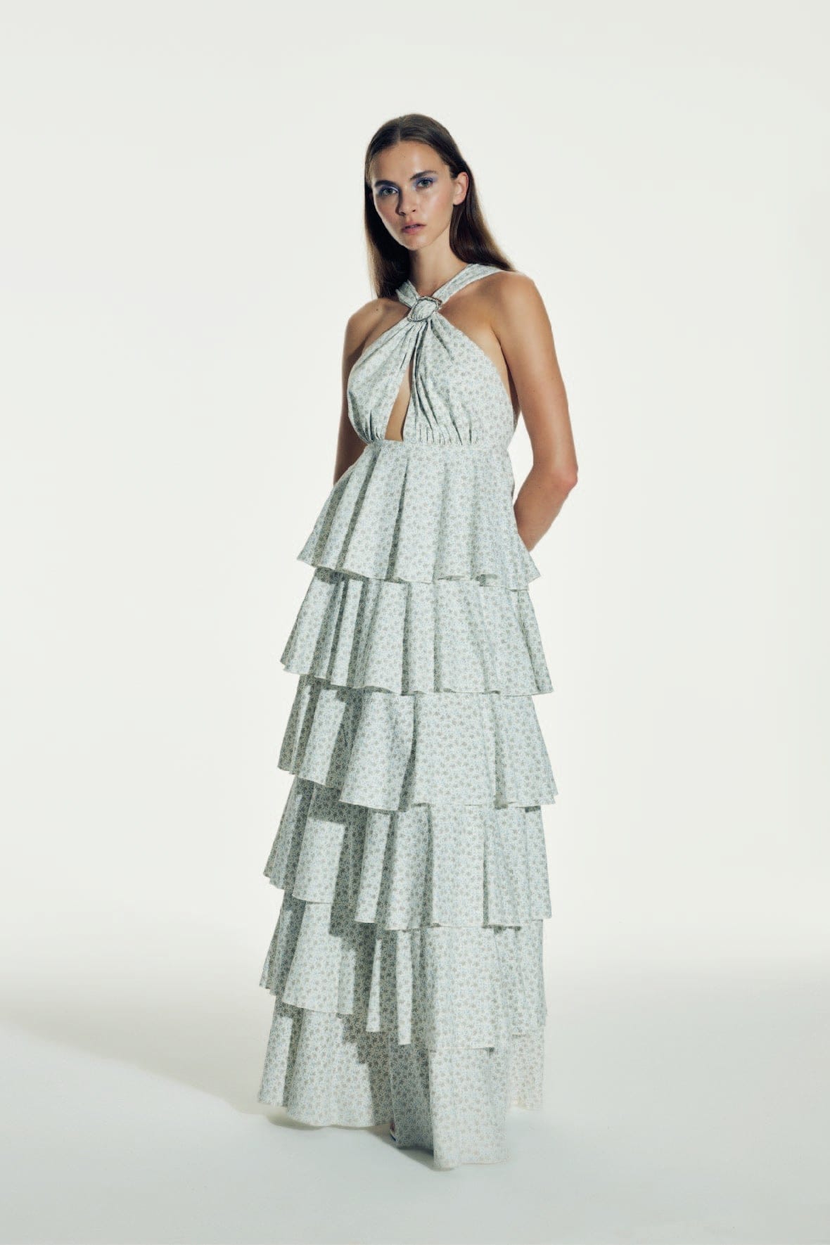 Laurel Printed Cotton Long Dress in Cannoli Cream made by Nazli Ceren