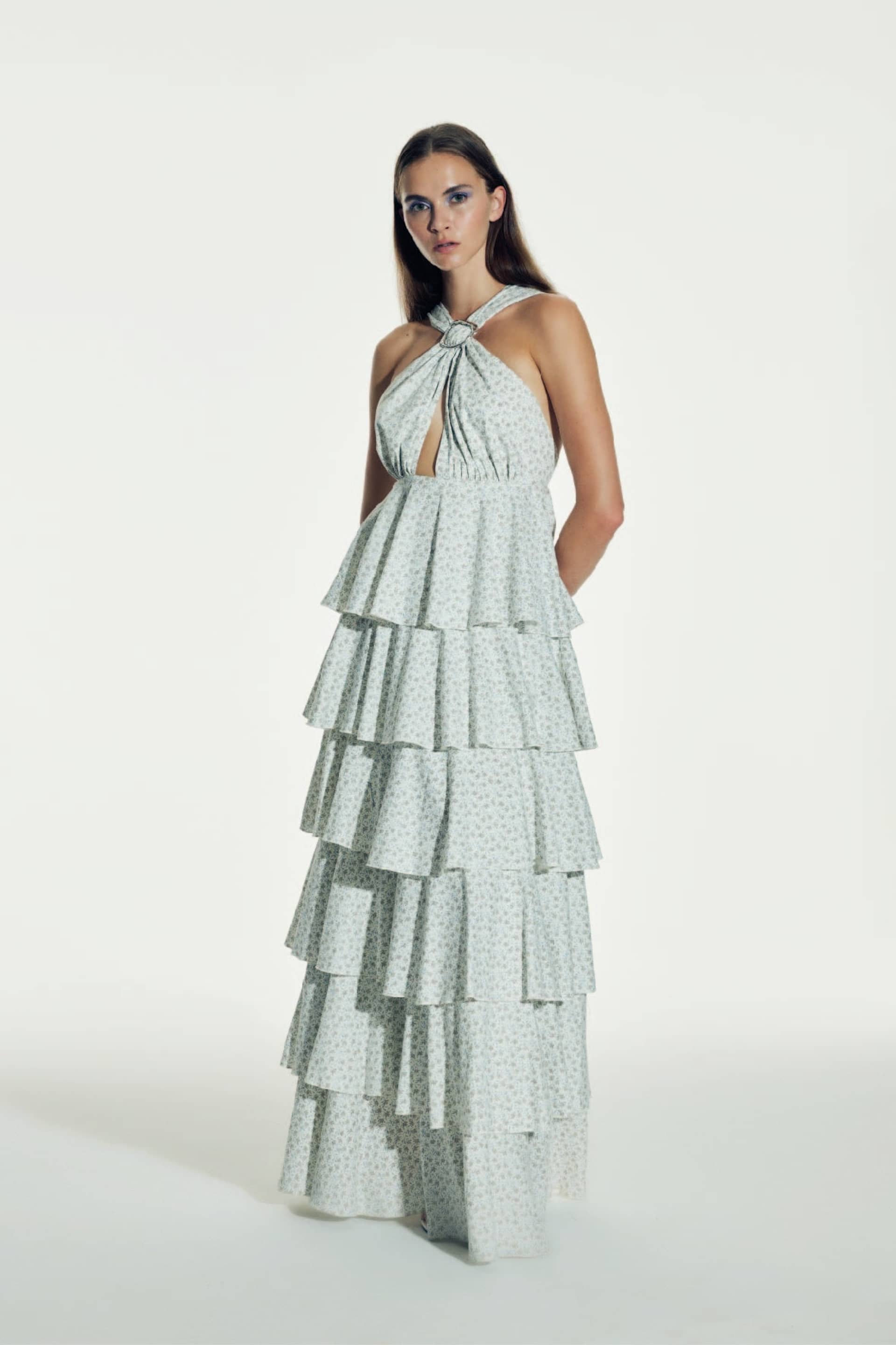 Laurel Printed Cotton Long Dress in Cannoli Cream made by Nazli Ceren