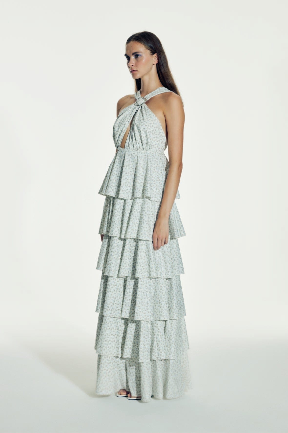 Laurel Printed Cotton Long Dress in Cannoli Cream made by Nazli Ceren