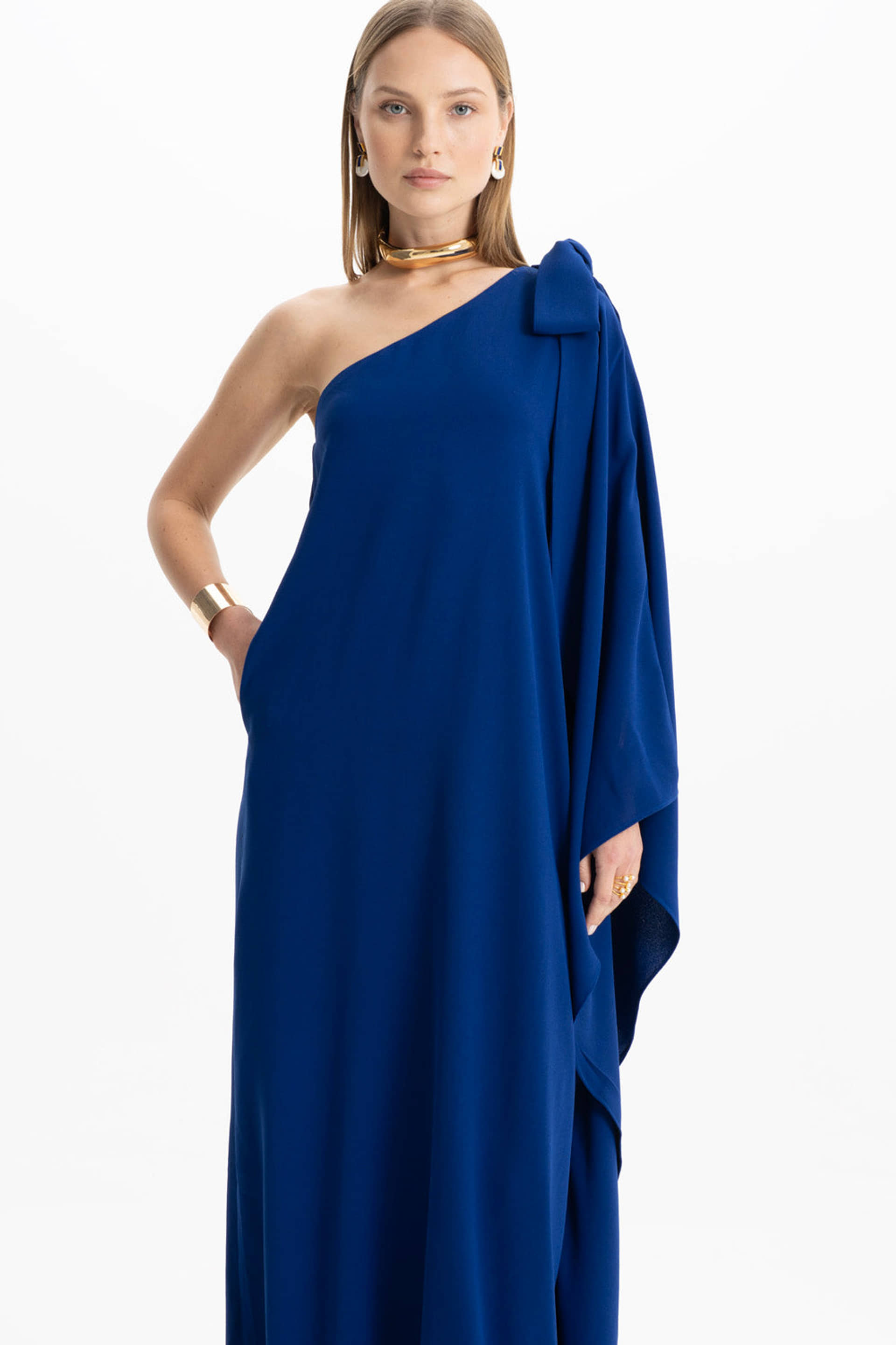 Lia Crepe Navy Blue One Shoulder Maxi Dress made by Lora Istanbul