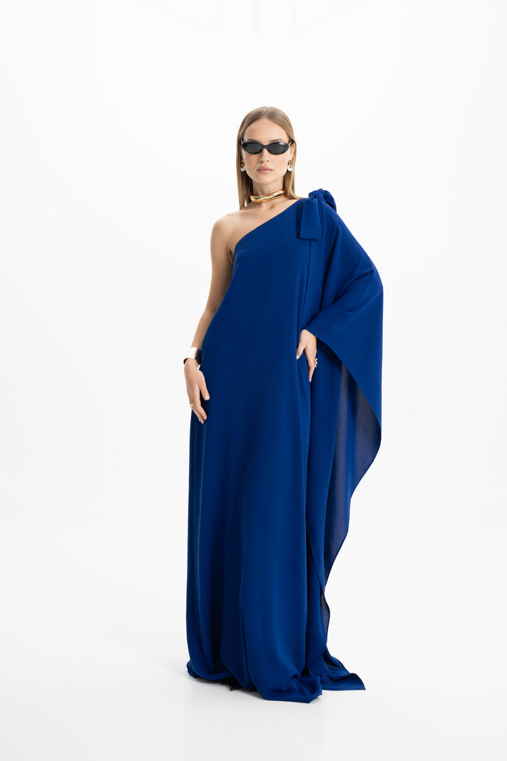Lia Crepe Navy Blue One Shoulder Maxi Dress made by Lora Istanbul