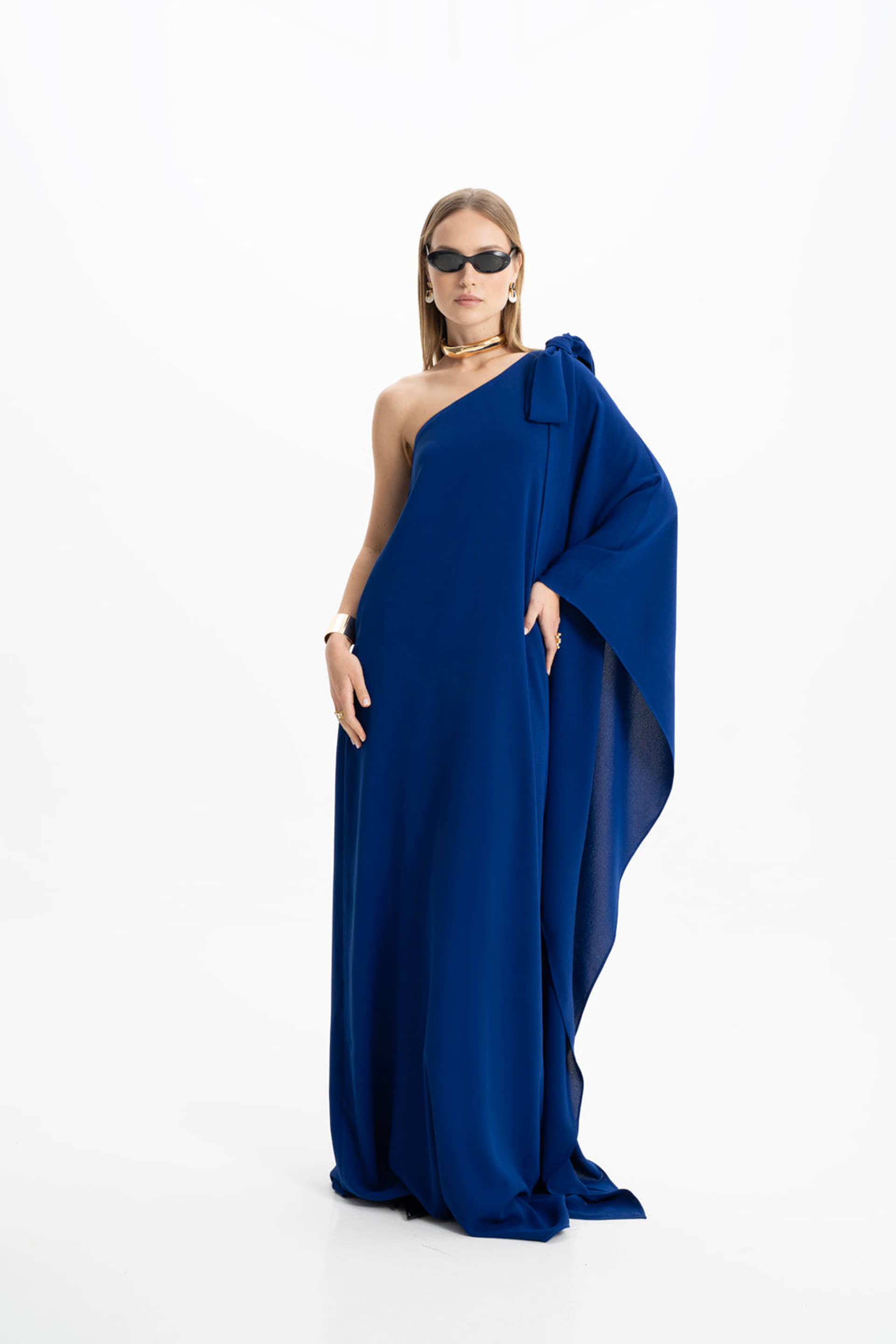 Lia Crepe Navy Blue One Shoulder Maxi Dress made by Lora Istanbul