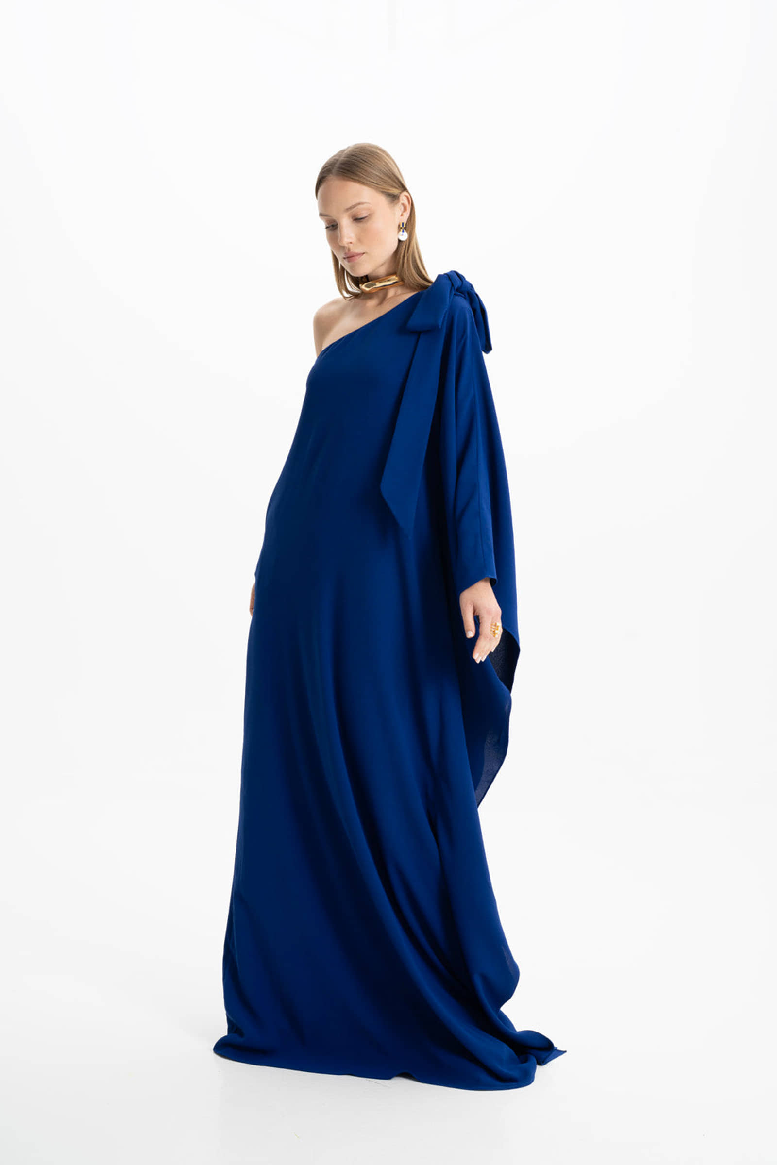 Lia Crepe Navy Blue One Shoulder Maxi Dress made by Lora Istanbul