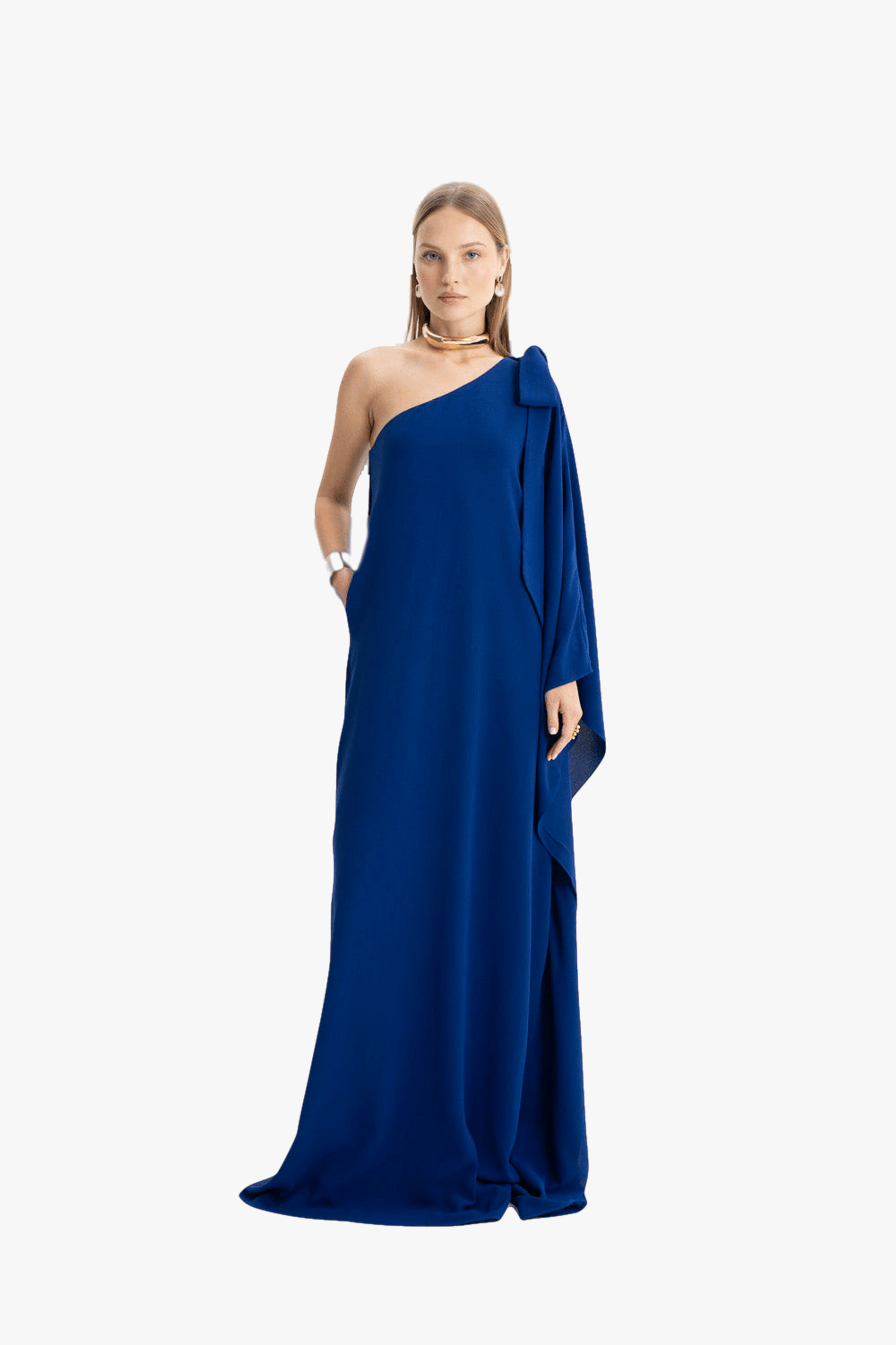 Lia Crepe Navy Blue One Shoulder Maxi Dress made by Lora Istanbul