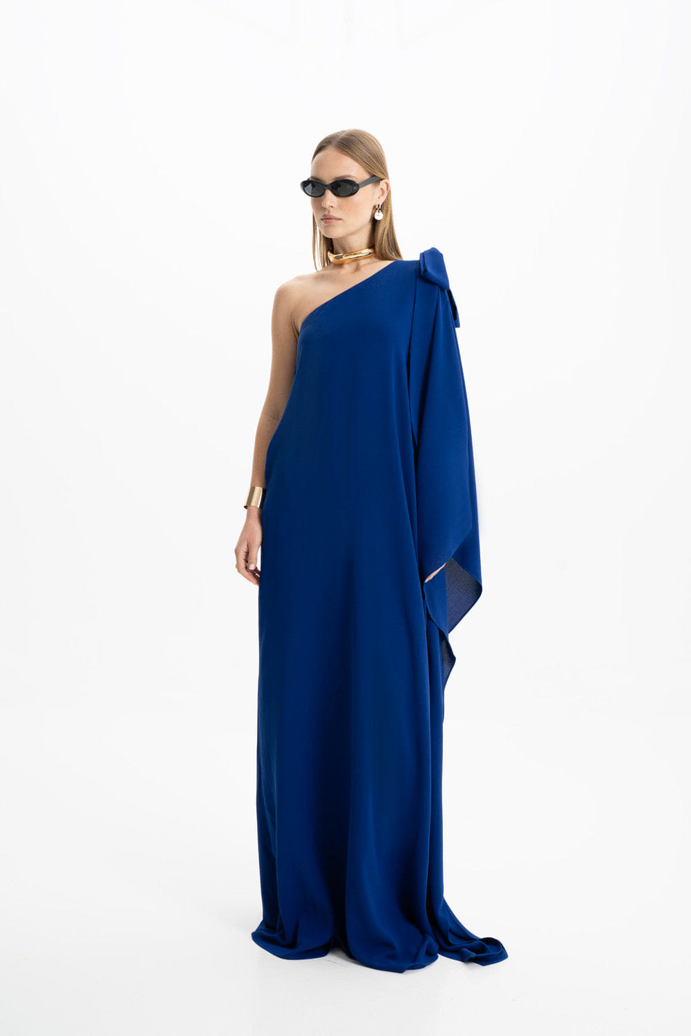 Lia Crepe Navy Blue One Shoulder Maxi Dress made by Lora Istanbul