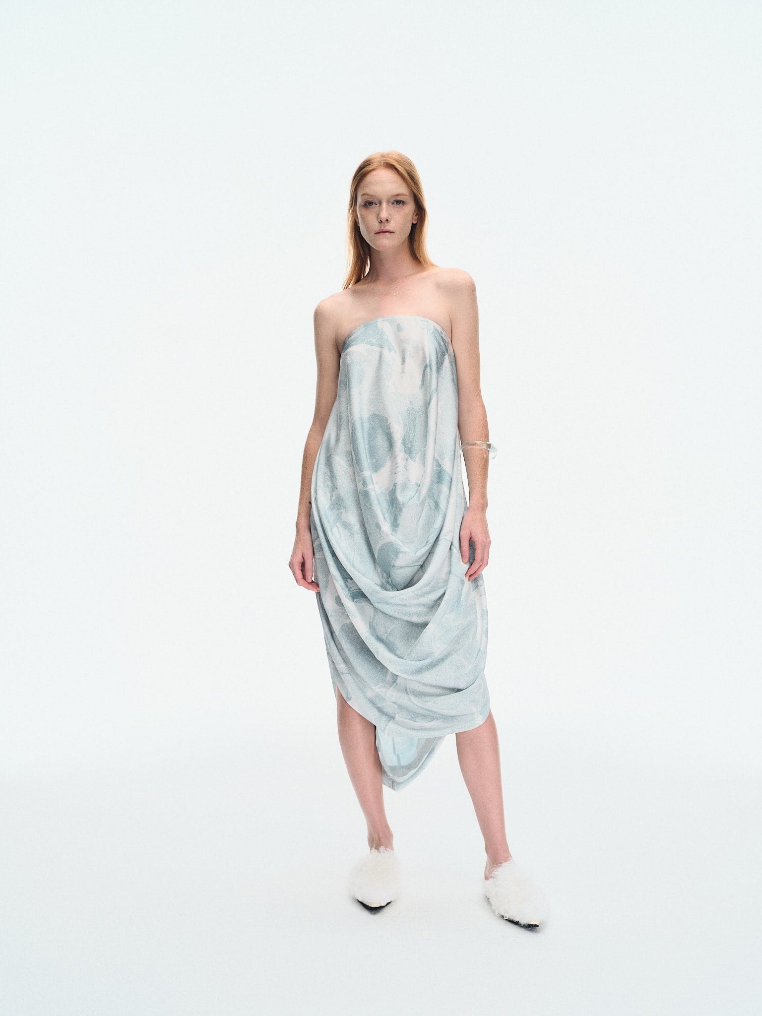 WATER LILY PRINTED STRAPLESS DRAPE DRESS made by YIBRI