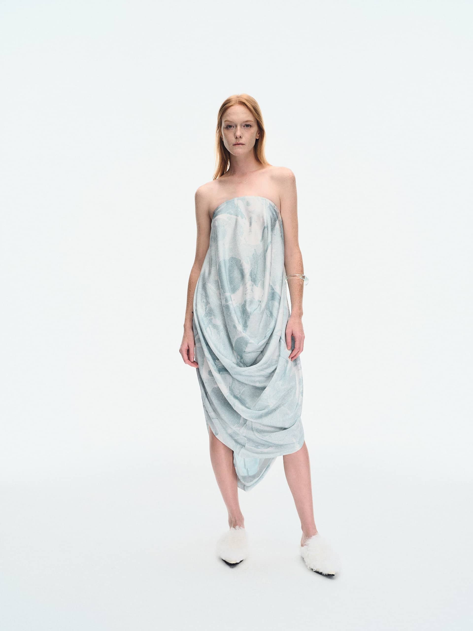 WATER LILY PRINTED STRAPLESS DRAPE DRESS made by YIBRI