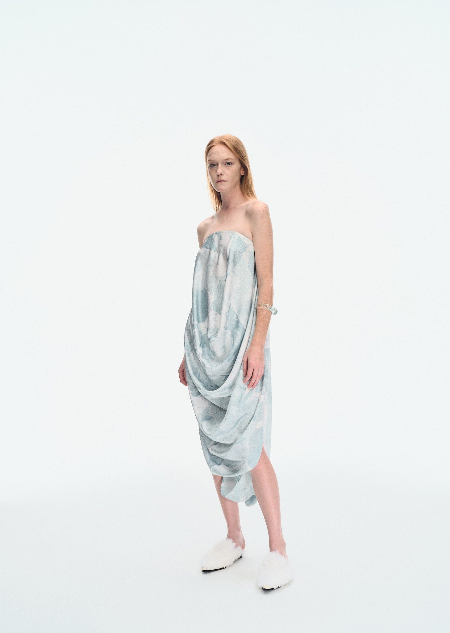 WATER LILY PRINTED STRAPLESS DRAPE DRESS made by YIBRI