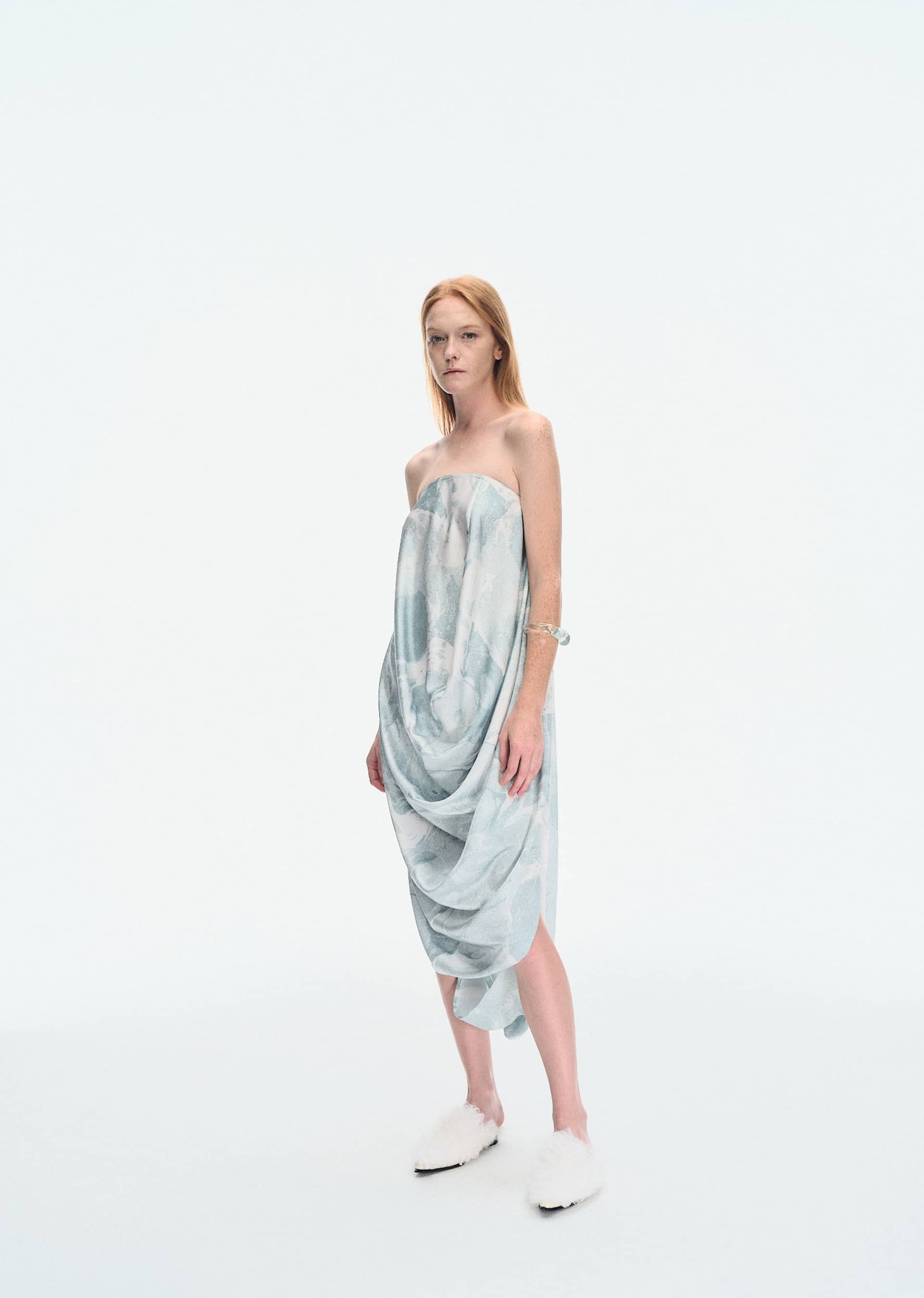WATER LILY PRINTED STRAPLESS DRAPE DRESS made by YIBRI