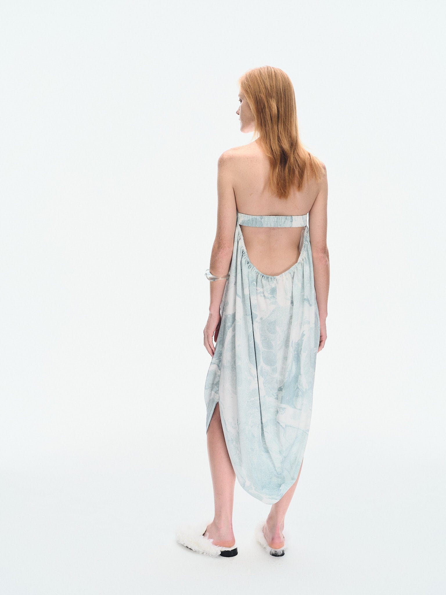 WATER LILY PRINTED STRAPLESS DRAPE DRESS made by YIBRI