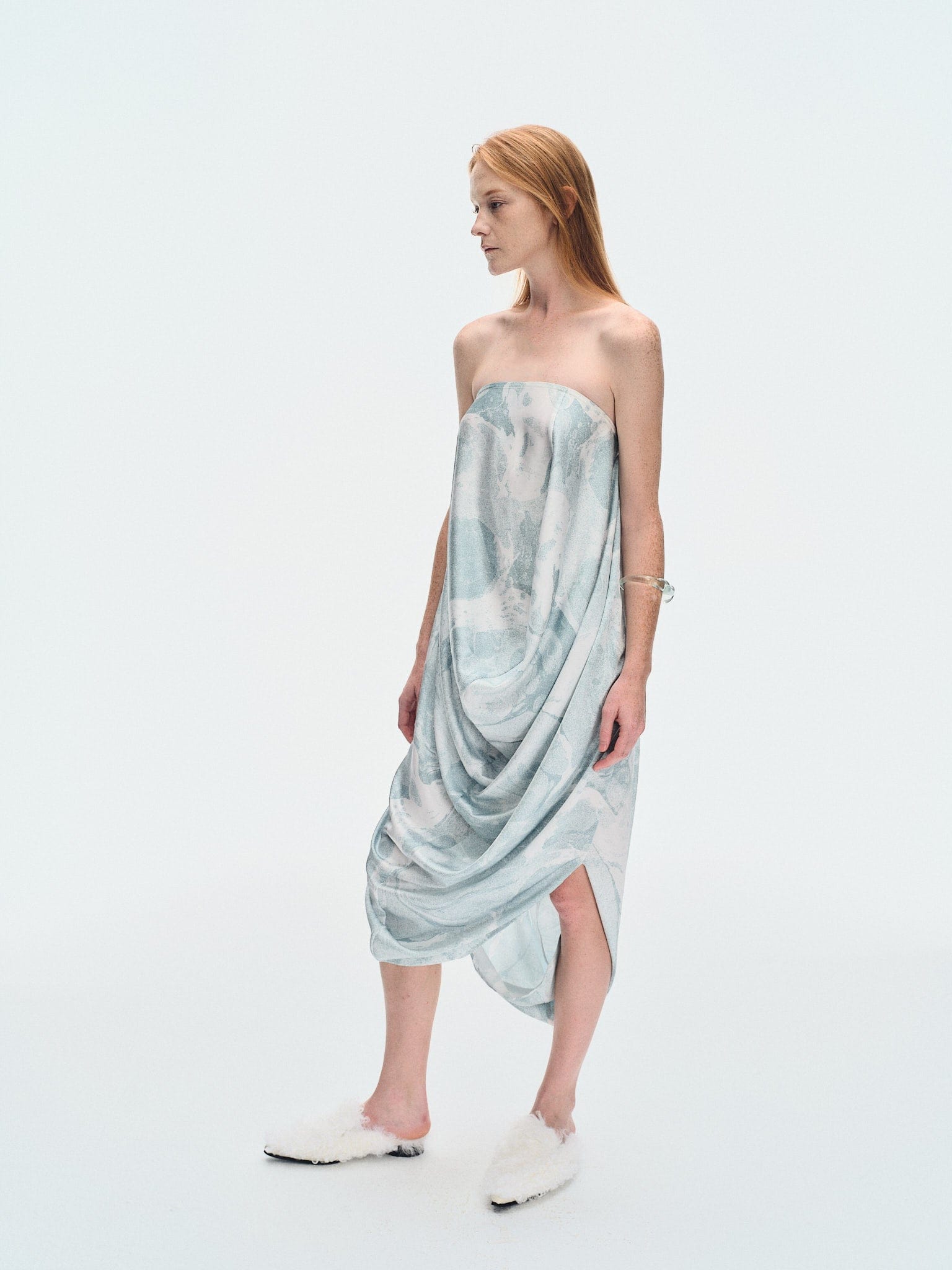 WATER LILY PRINTED STRAPLESS DRAPE DRESS made by YIBRI