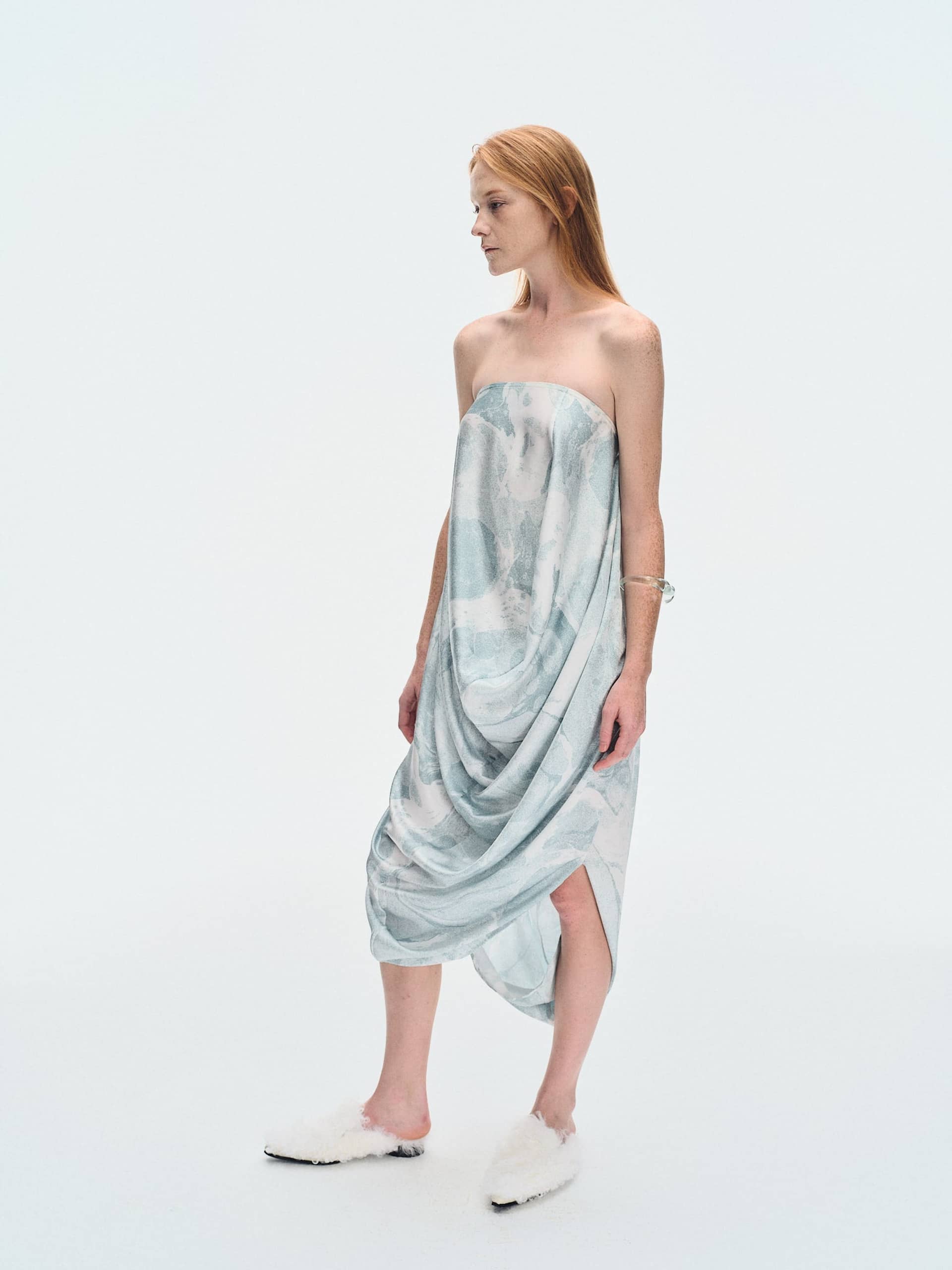 WATER LILY PRINTED STRAPLESS DRAPE DRESS made by YIBRI