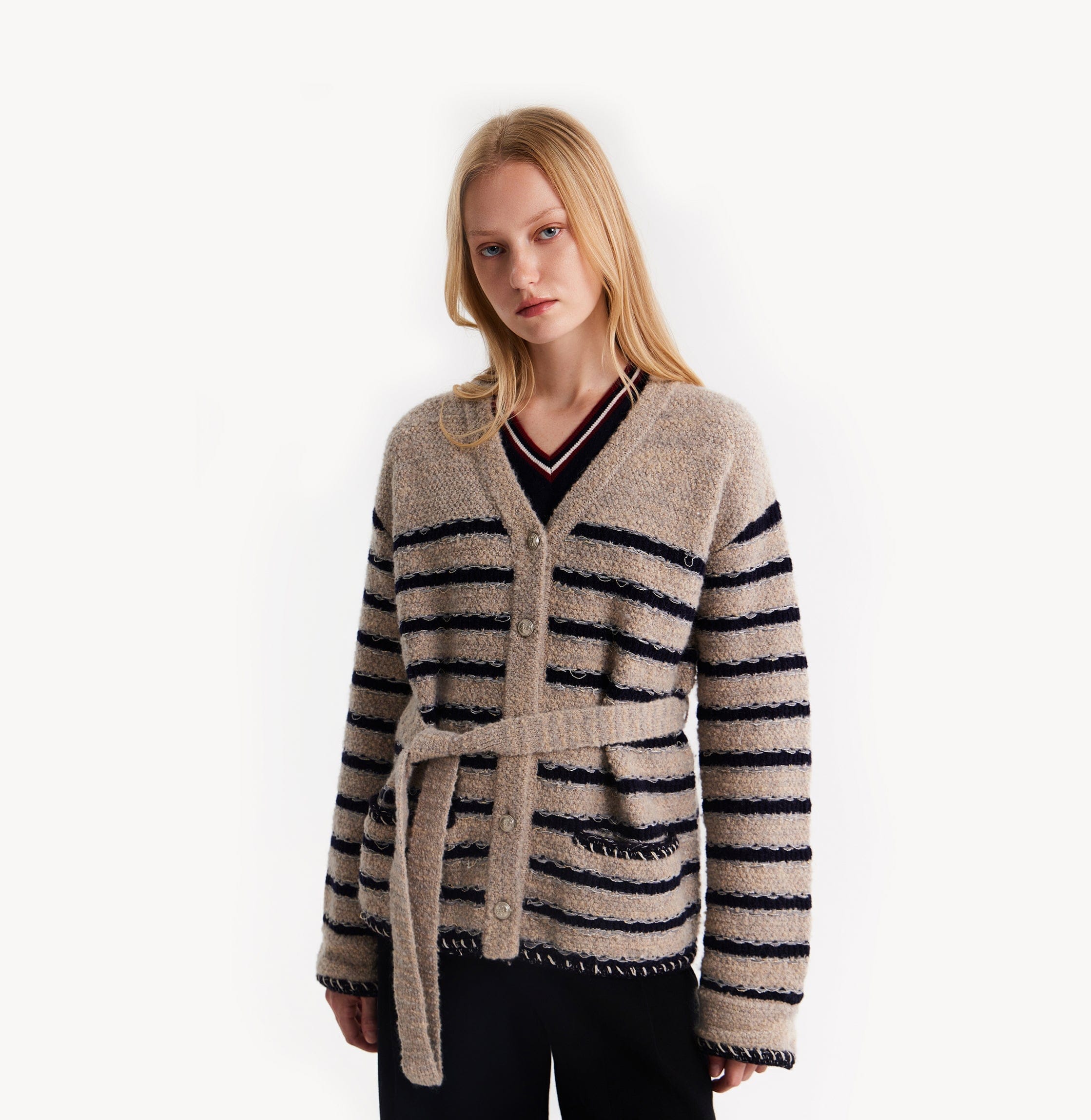 TWEED STRIPED V-NECK CARDIGAN made by CRUSH Collection