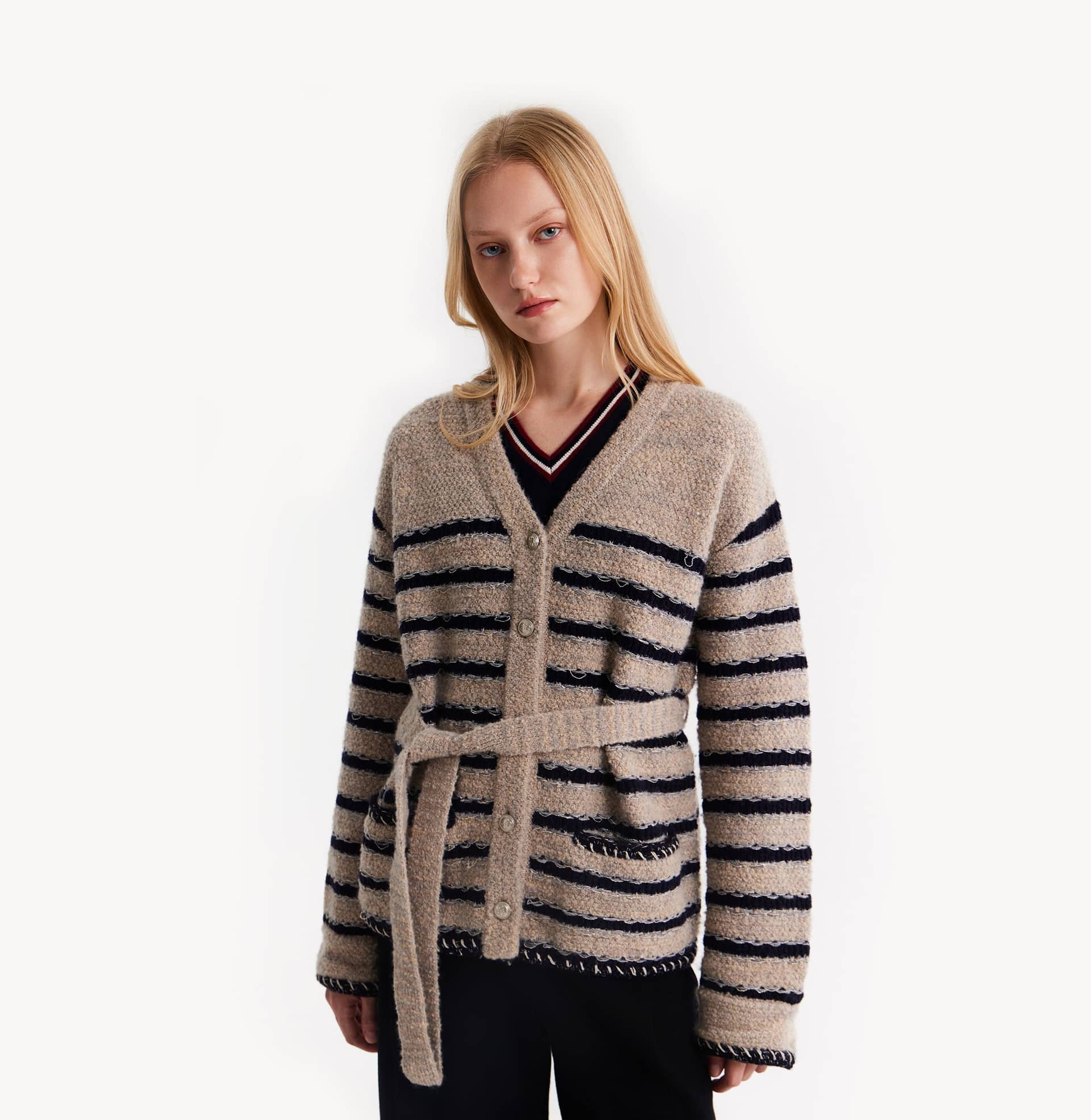 TWEED STRIPED V-NECK CARDIGAN made by CRUSH Collection