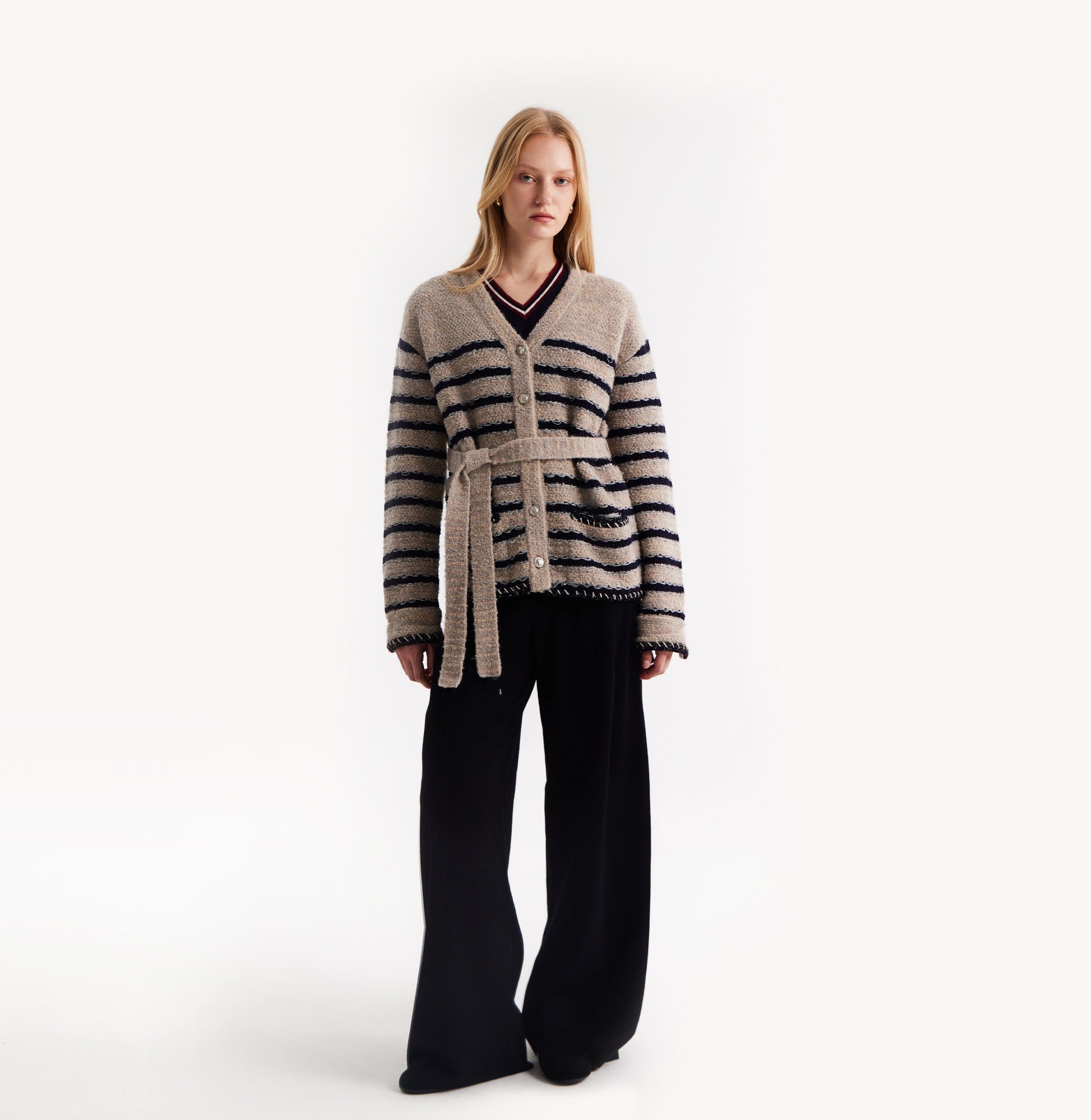 TWEED STRIPED V-NECK CARDIGAN made by CRUSH Collection