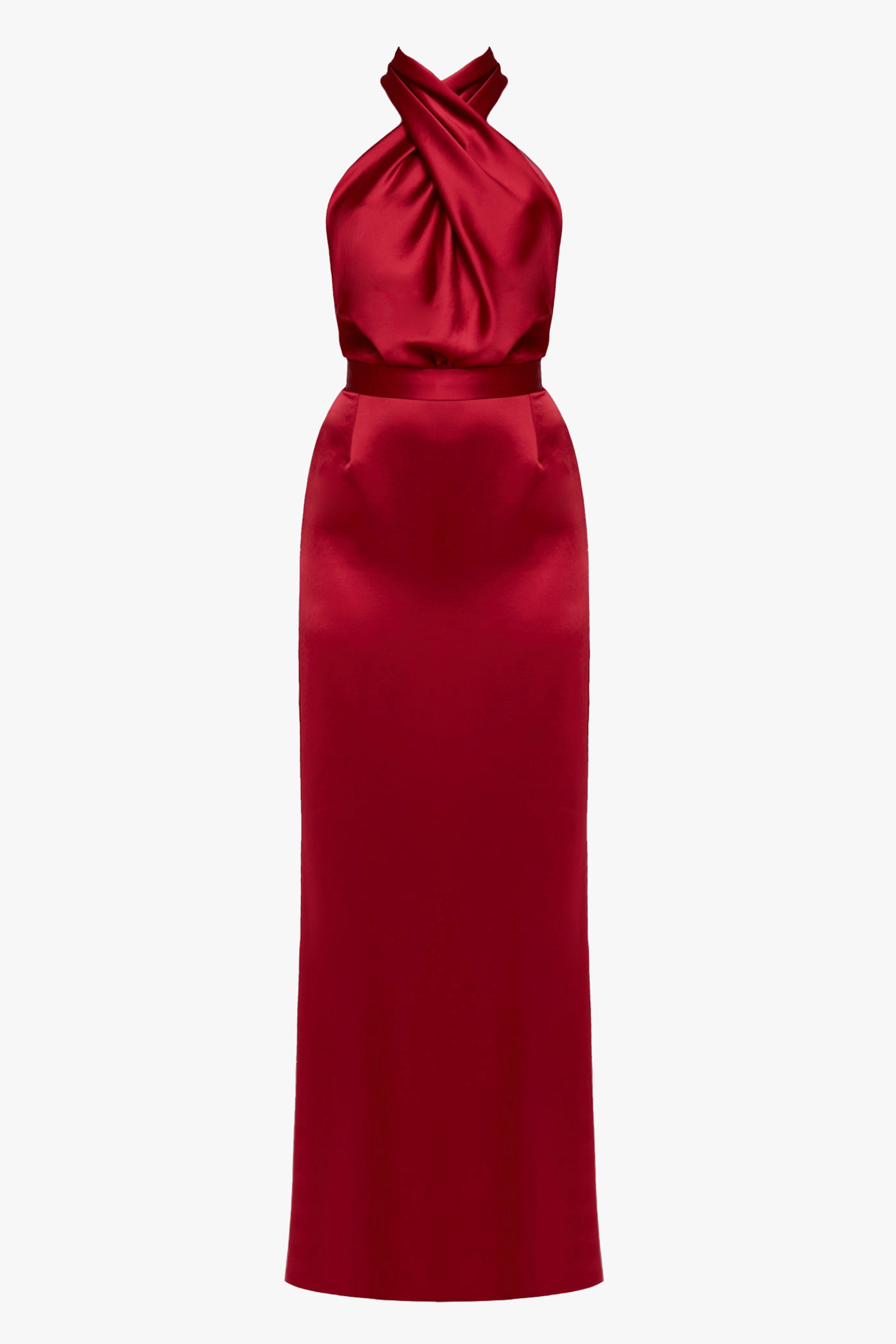 ALIUR deep red maxi evening dress with X neck made by UNDRESS