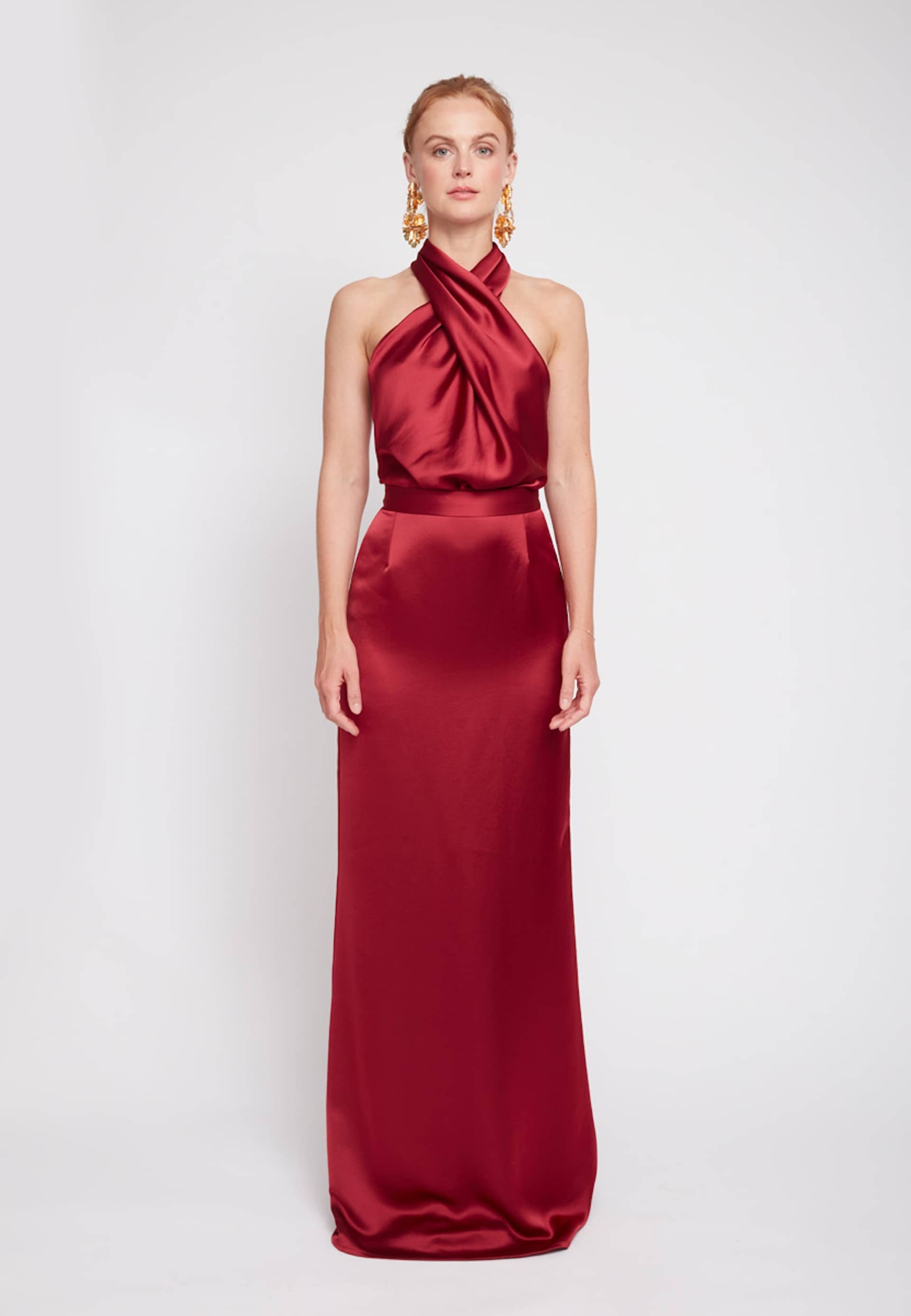 ALIUR deep red maxi evening dress with X neck made by UNDRESS