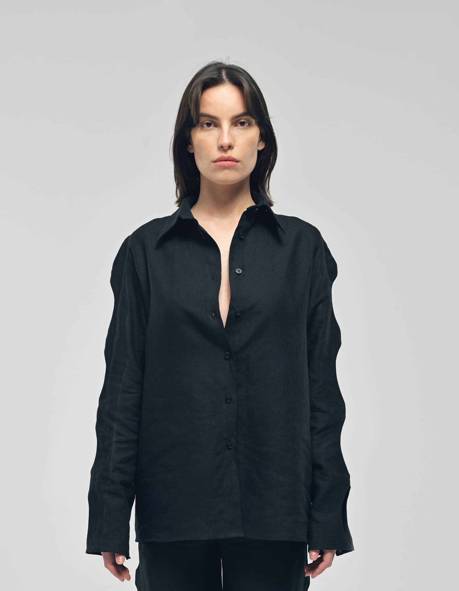 NEREUS Black Cut-Out Linen Shirt made by MAET