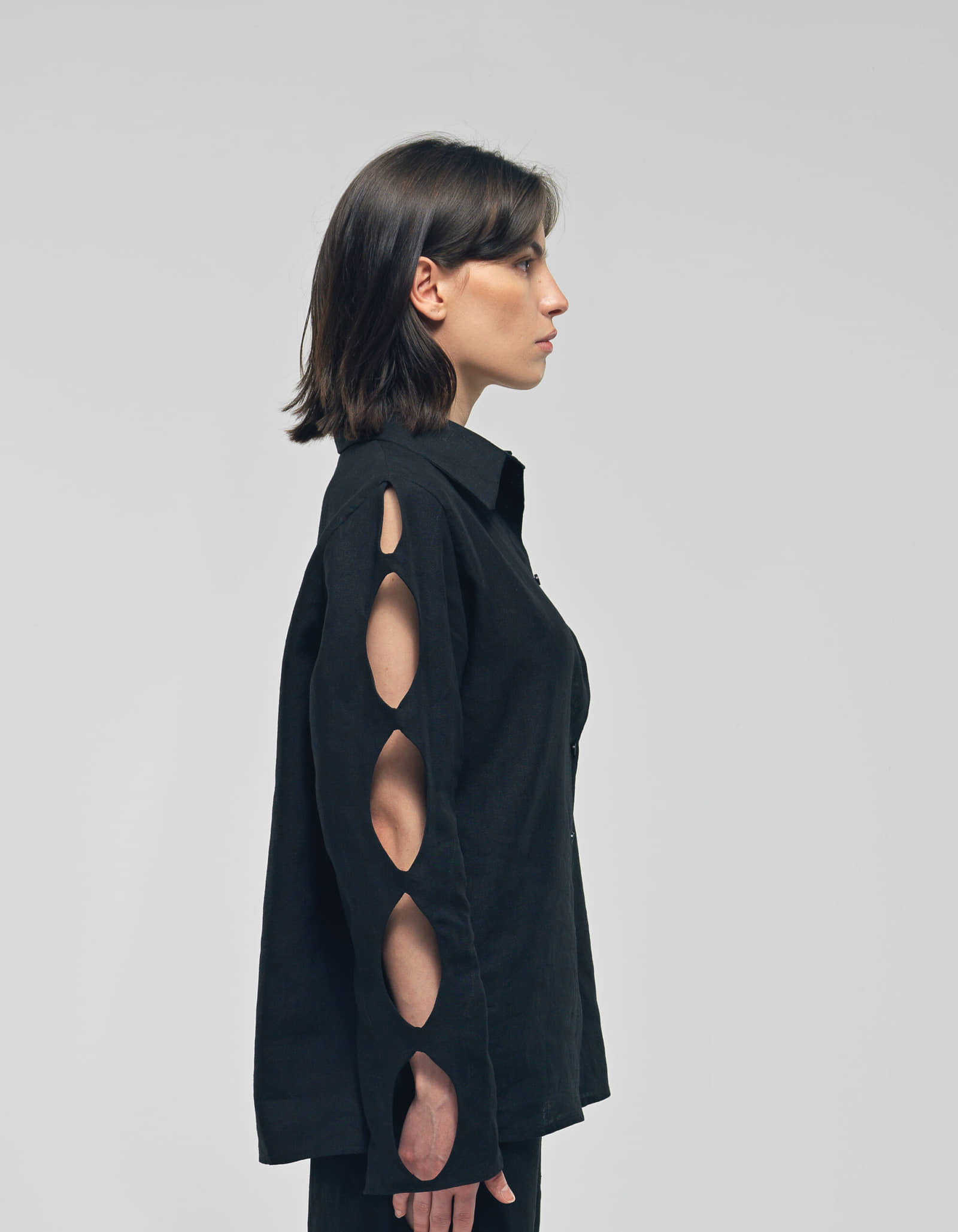 NEREUS Black Cut-Out Linen Shirt made by MAET