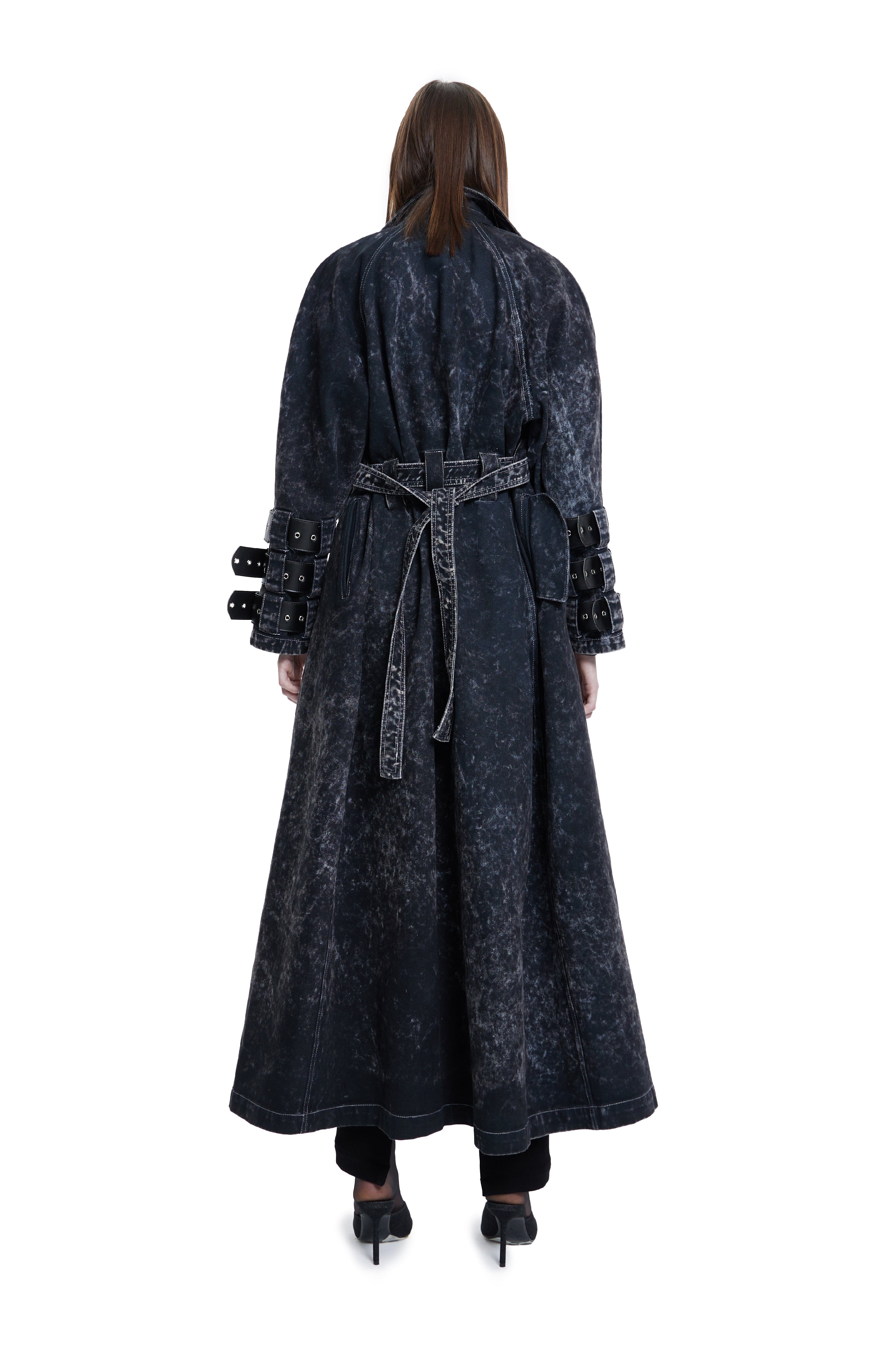 Voidwalker Trench Coat in Black Acid Wash made by Khela