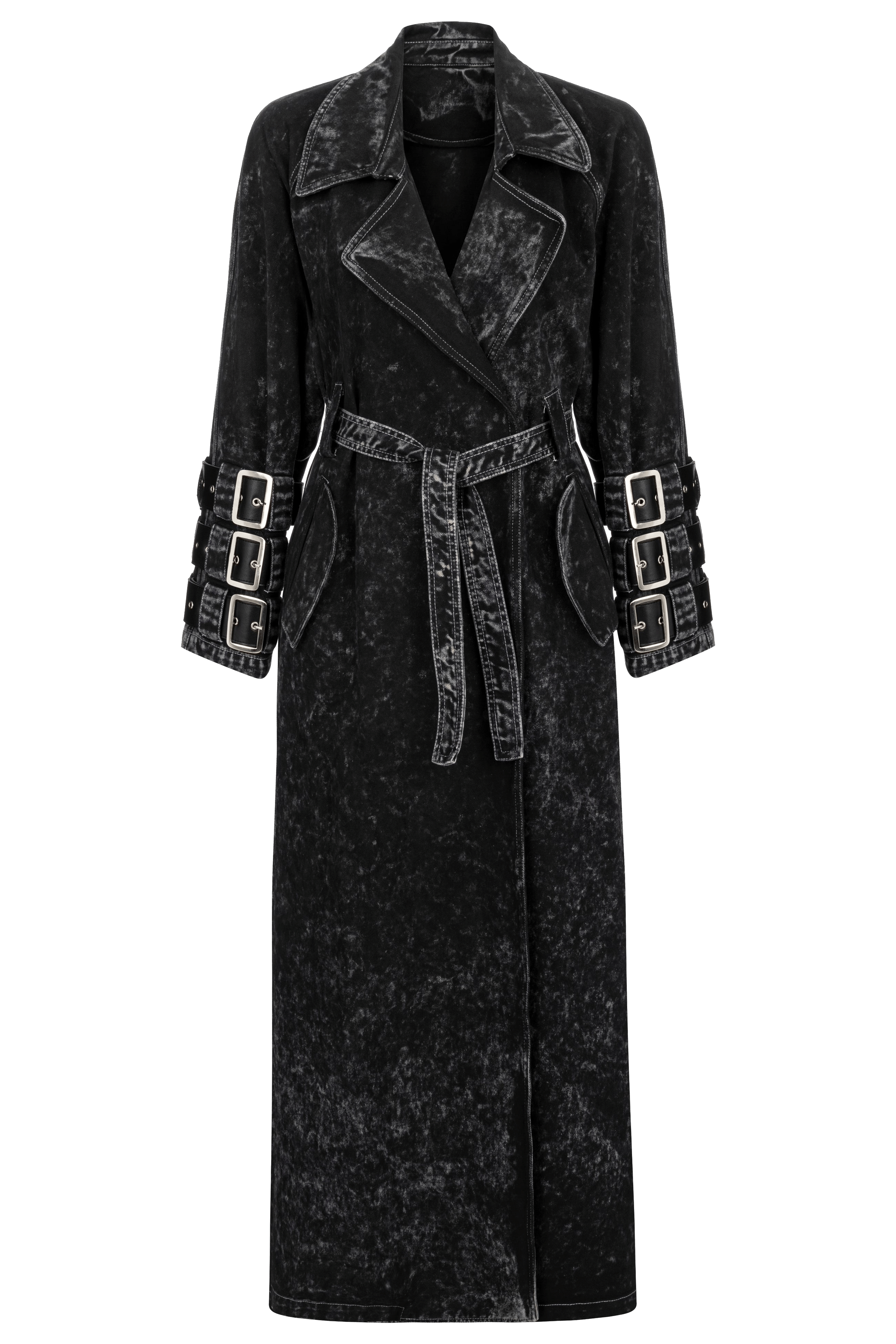 Voidwalker Trench Coat in Black Acid Wash made by Khela