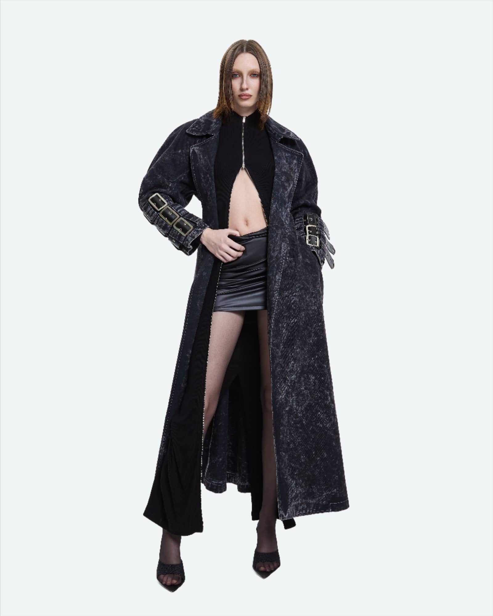 Voidwalker Trench Coat in Black Acid Wash made by Khela