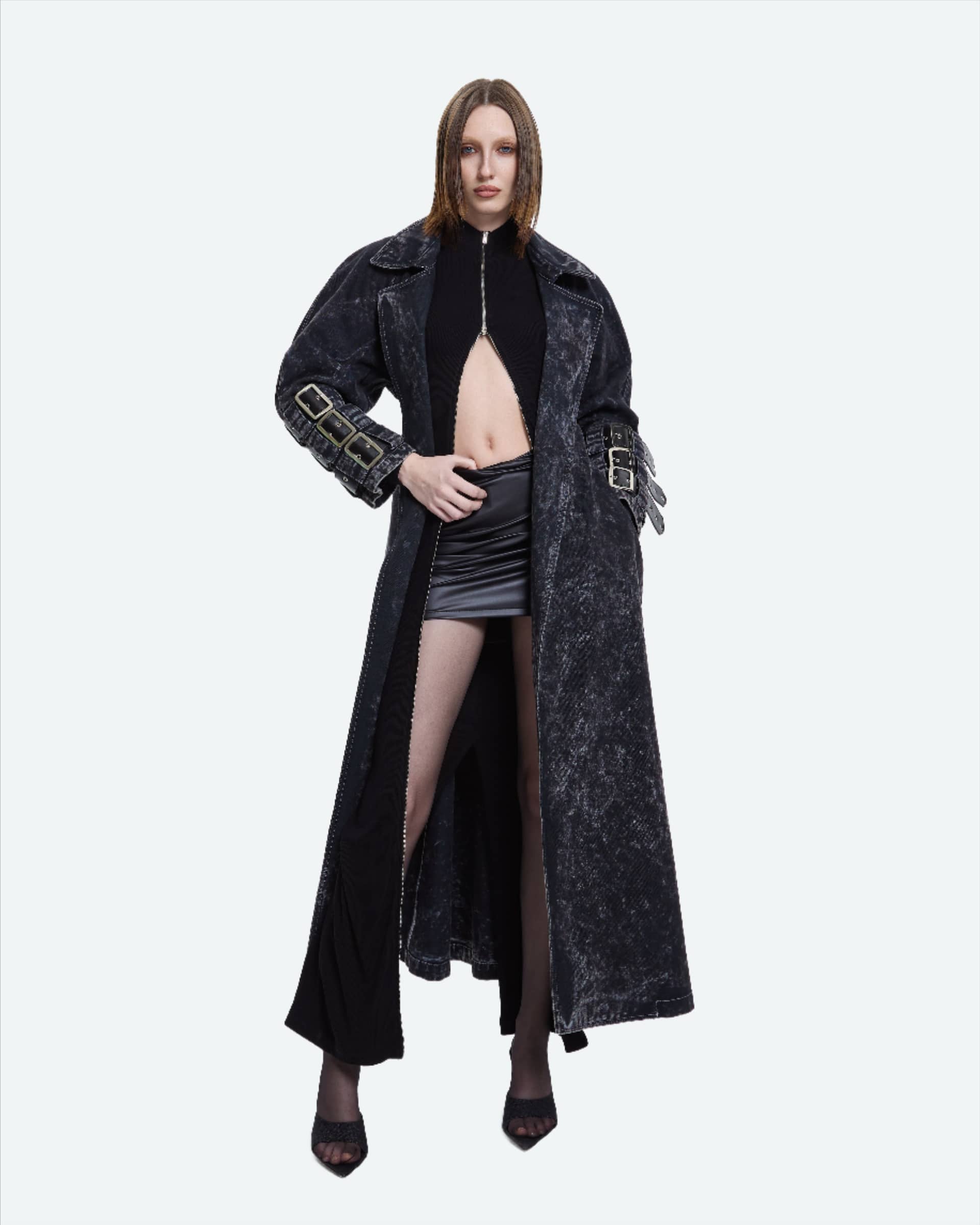 Voidwalker Trench Coat in Black Acid Wash made by Khela