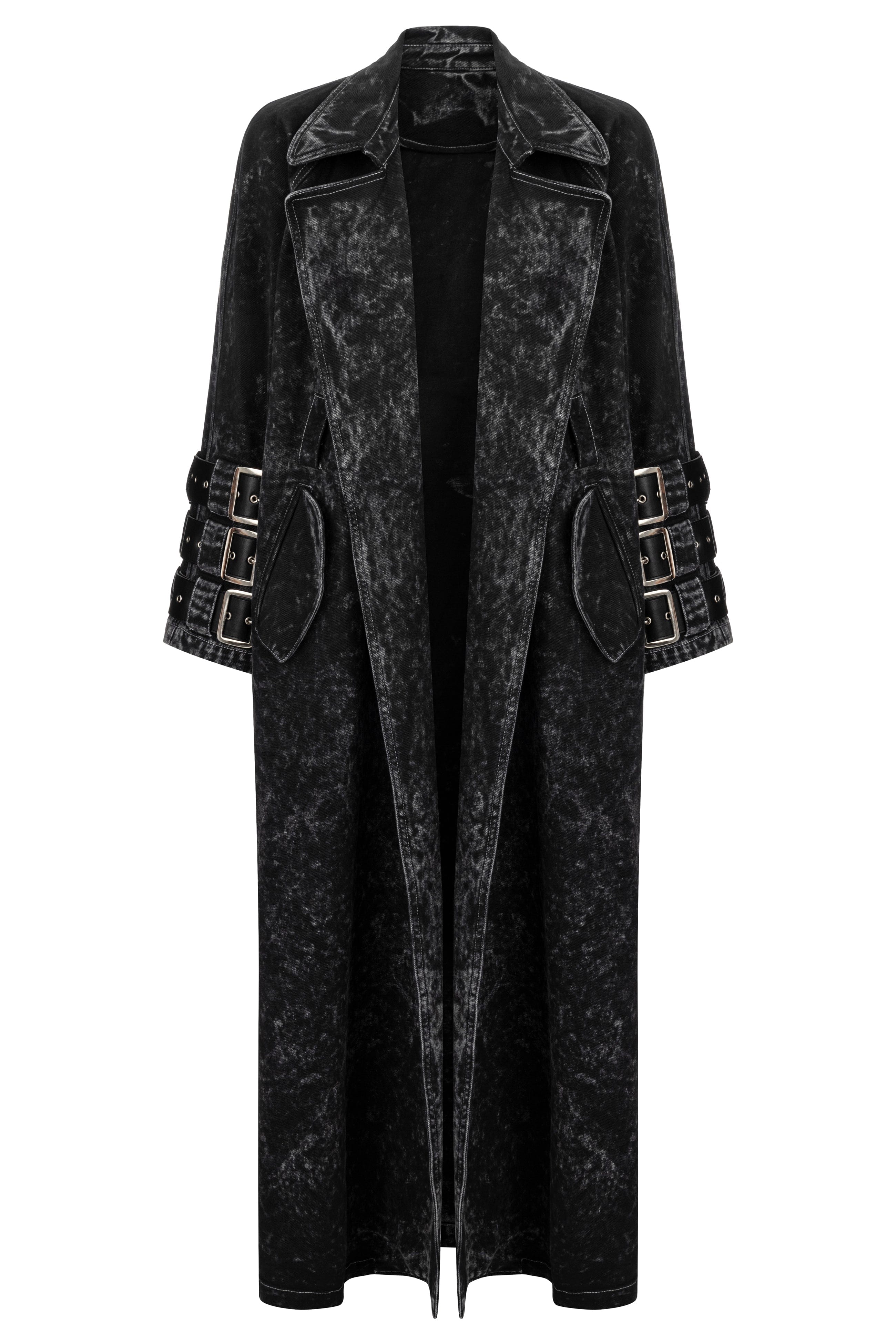 Voidwalker Trench Coat in Black Acid Wash made by Khela