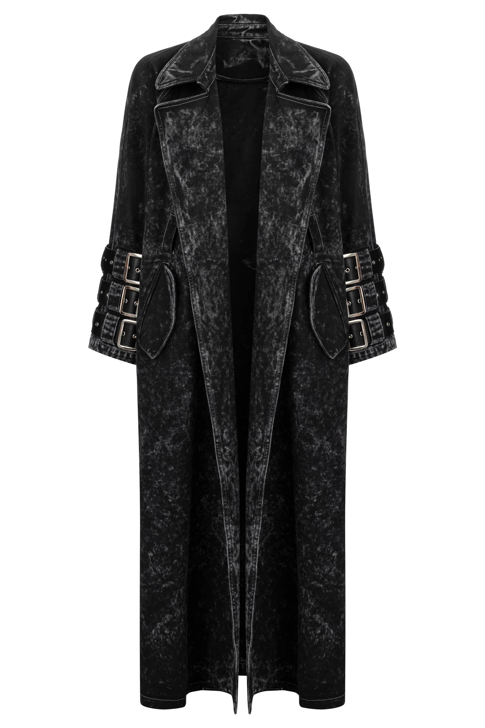 Voidwalker Trench Coat in Black Acid Wash made by Khela