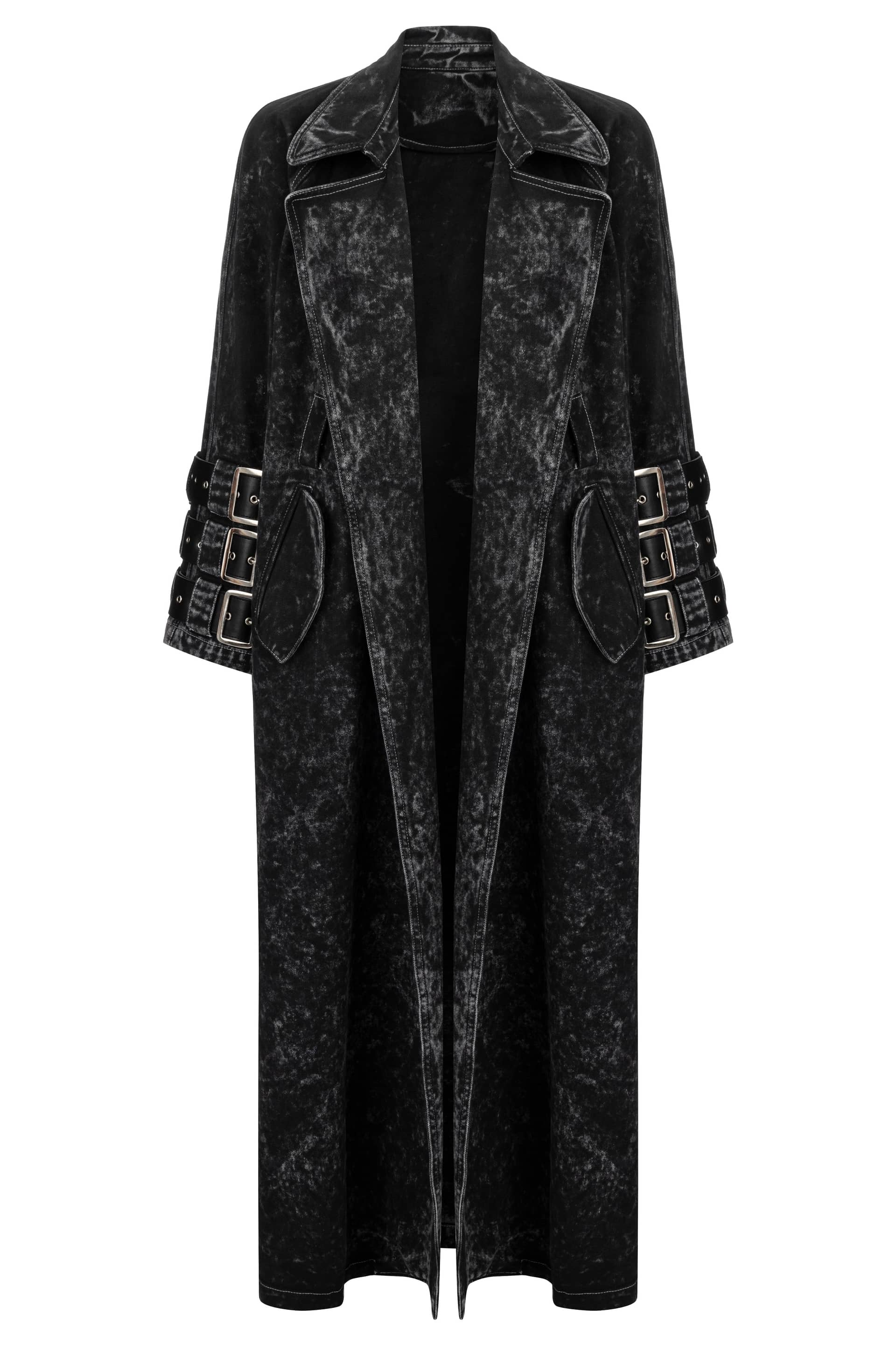 Voidwalker Trench Coat in Black Acid Wash made by Khela