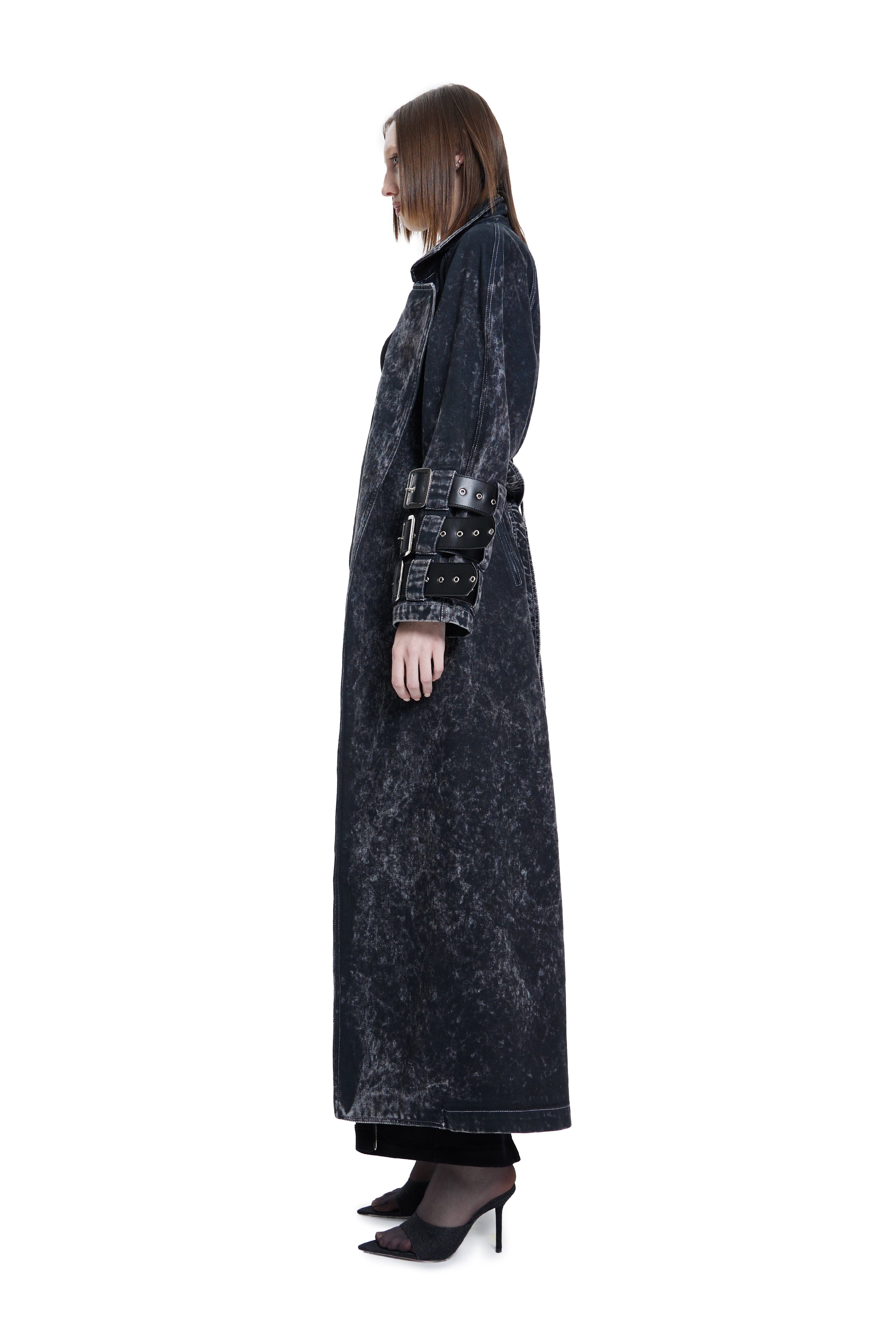 Voidwalker Trench Coat in Black Acid Wash made by Khela