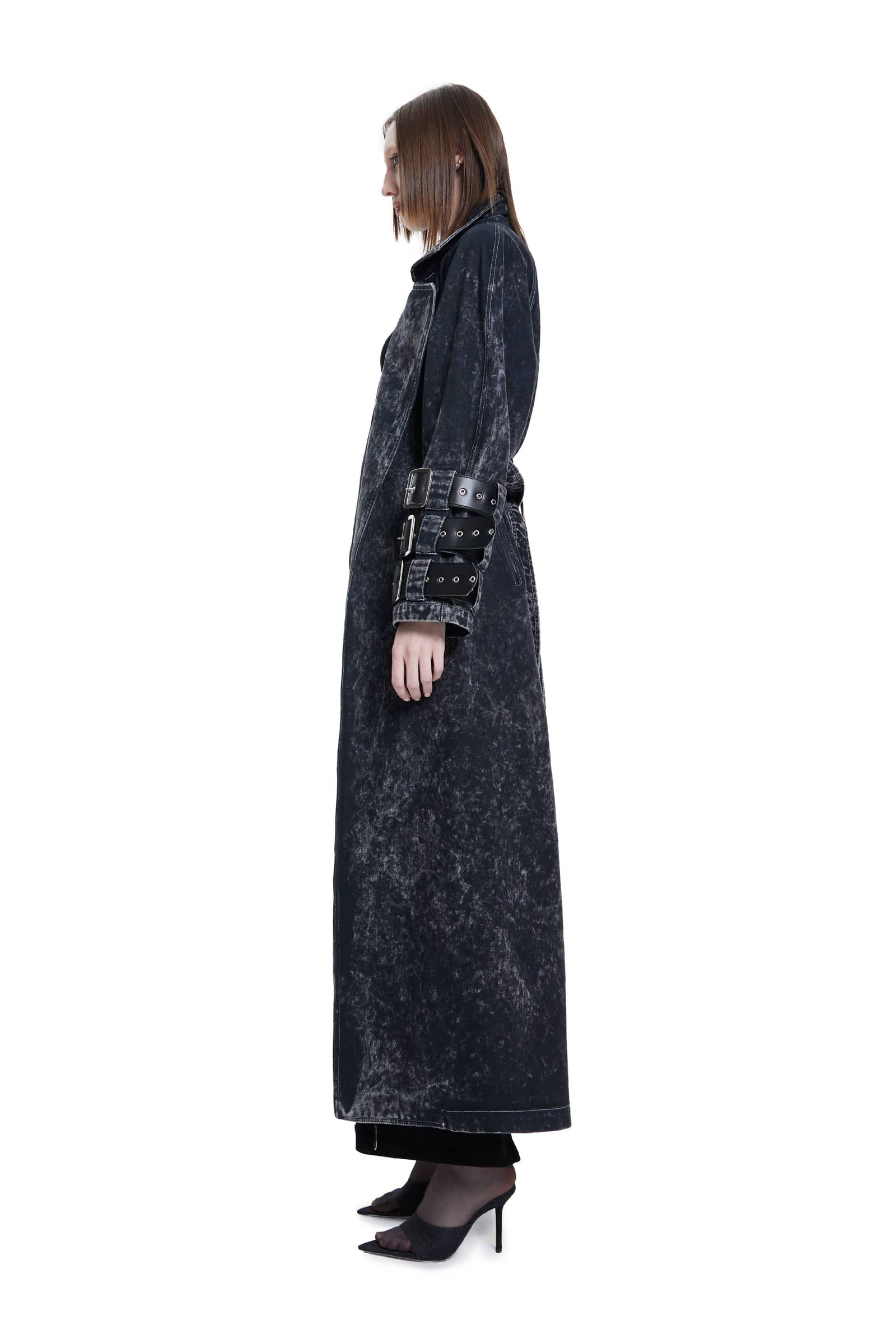 Voidwalker Trench Coat in Black Acid Wash made by Khela