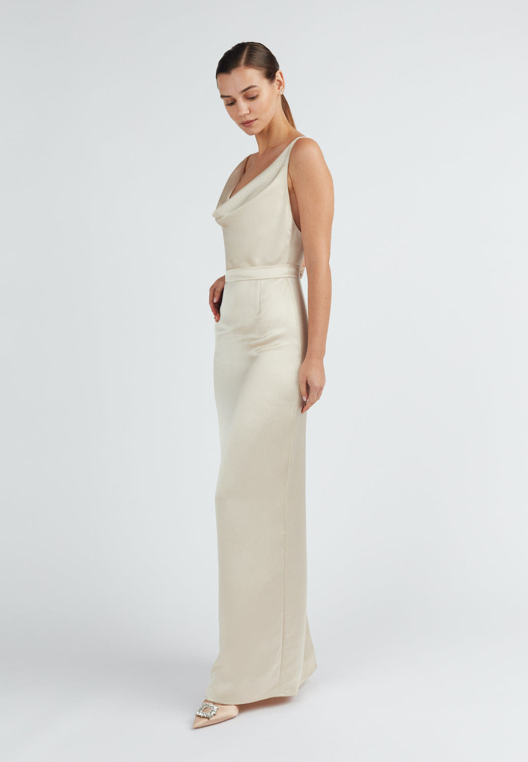 AMILA beige satin backless maxi dress made by UNDRESS
