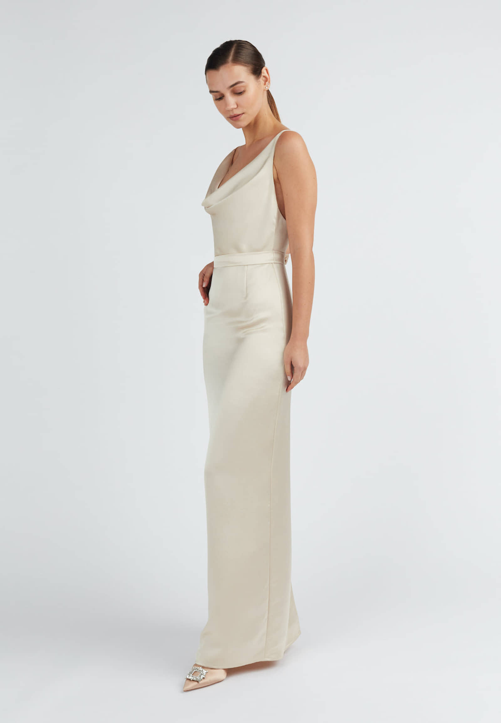 AMILA beige satin backless maxi dress made by UNDRESS