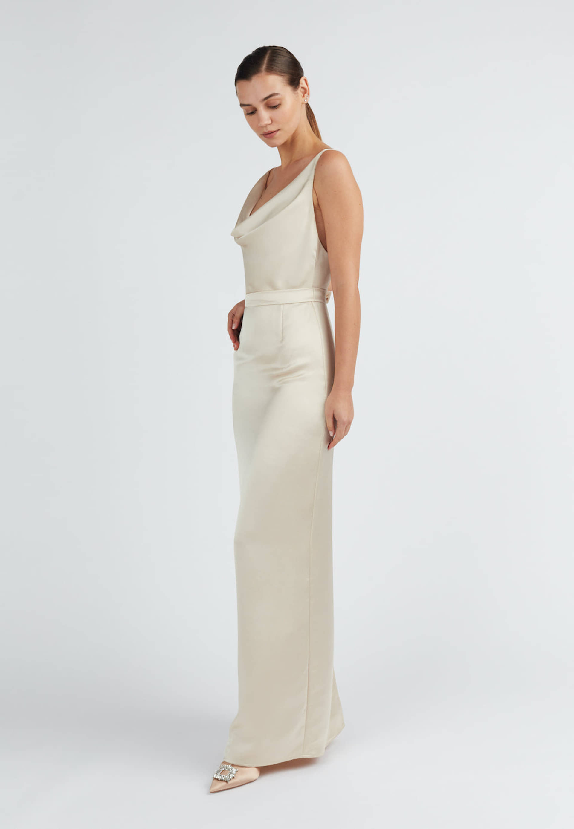 AMILA beige satin backless maxi dress made by UNDRESS