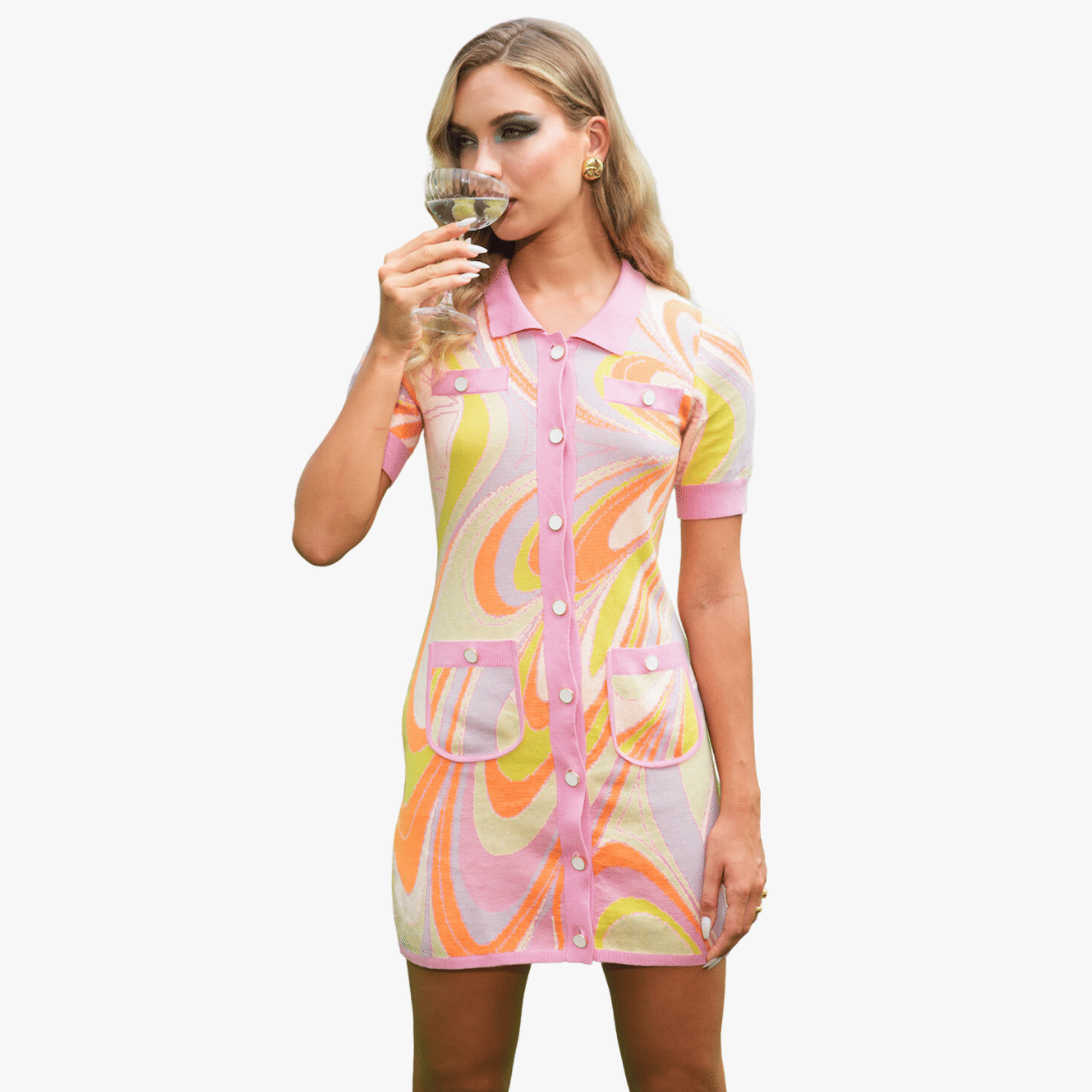 Aimee Button Up Multi-Coloured Mini Dress in Pink made by Oceanus Swimwear