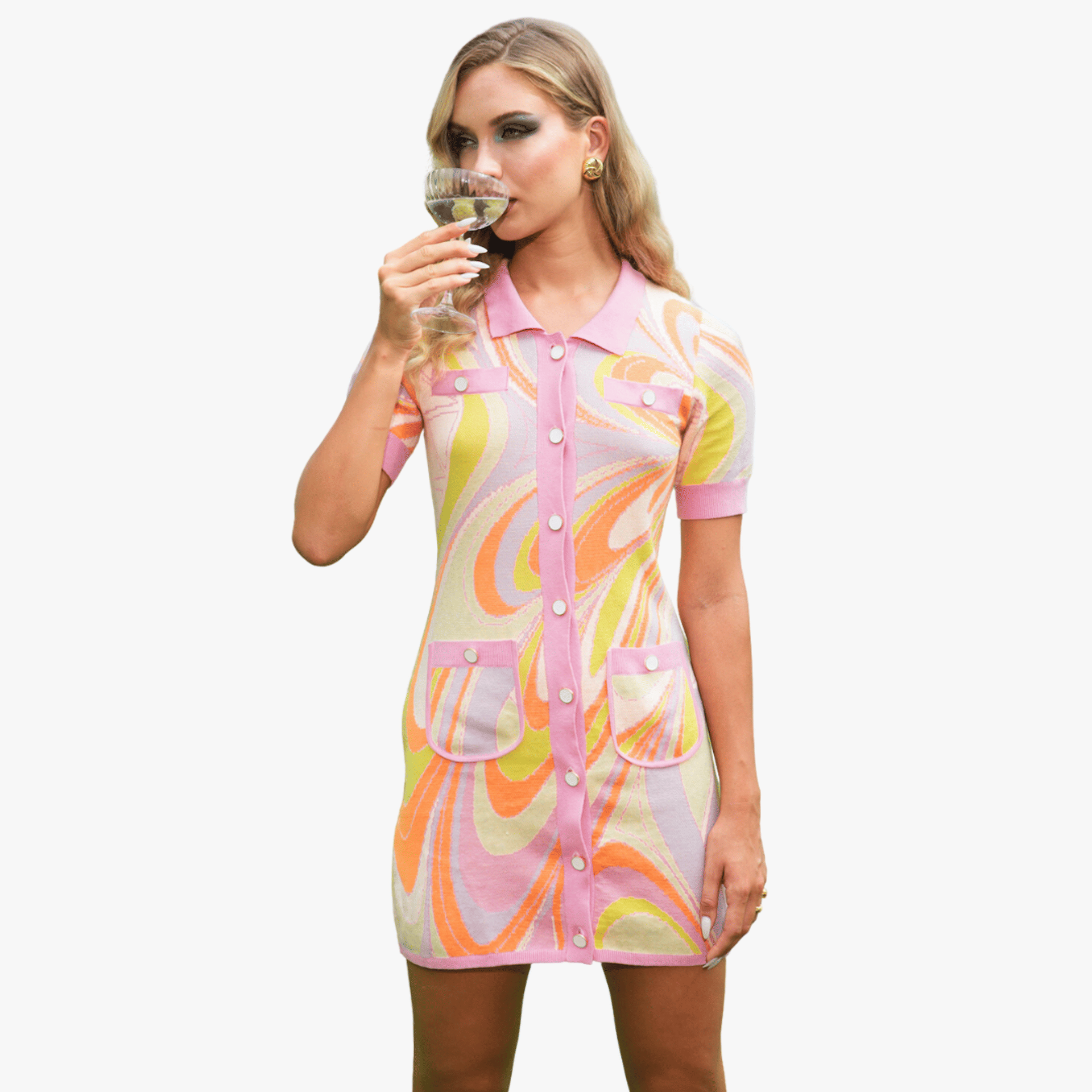 Aimee Button Up Multi-Coloured Mini Dress in Pink made by Oceanus Swimwear