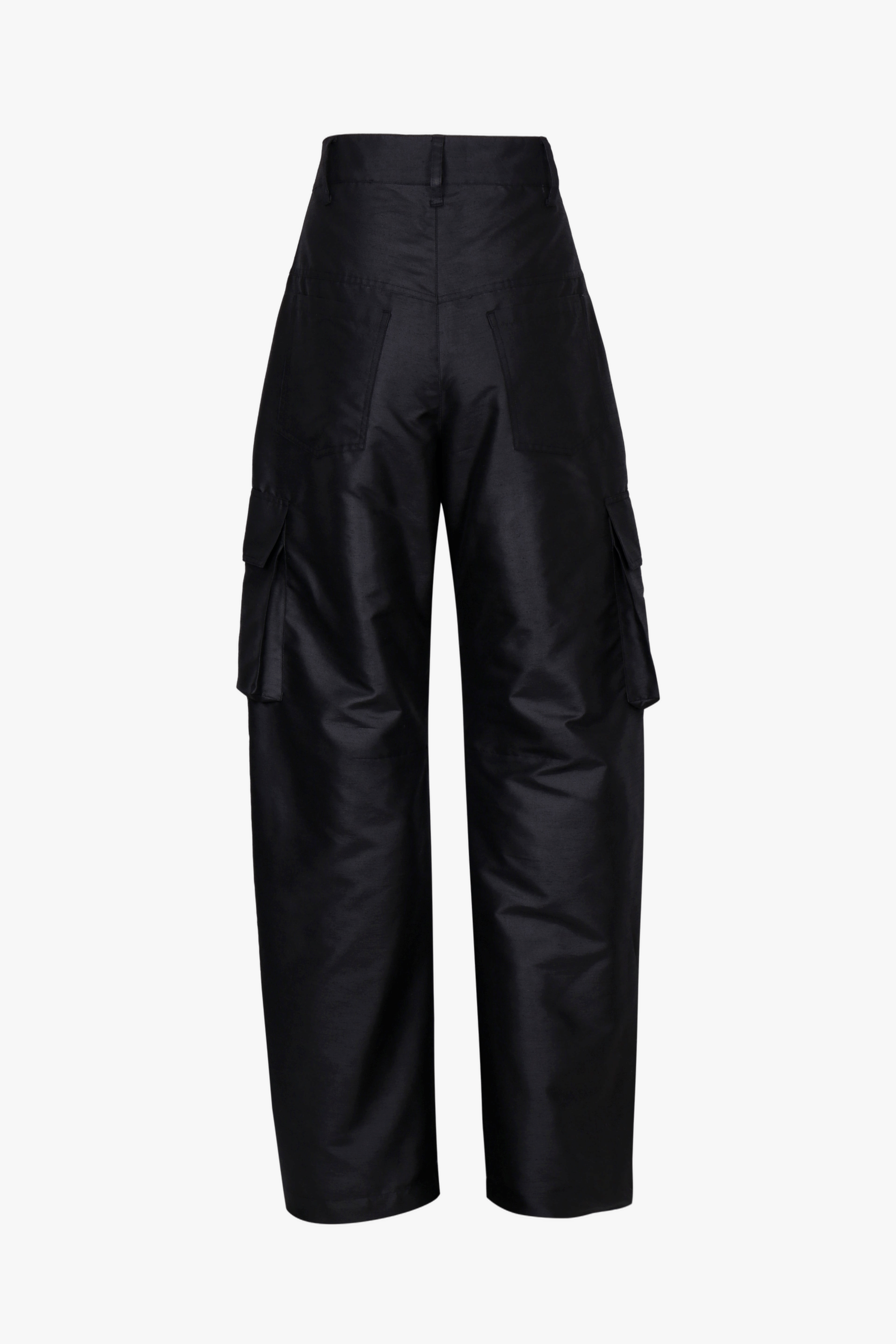BLACK SATIN-FINISH CARGO TROUSERS made by YIBRI
